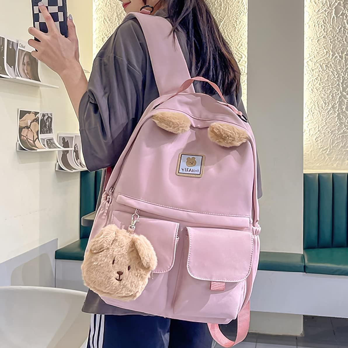Laureltree Kawaii Aesthetic Cute Backpack with Accessories 14 in Laptop Rucksack Travel Bag School Students Suppliers Girls - Black image number 7