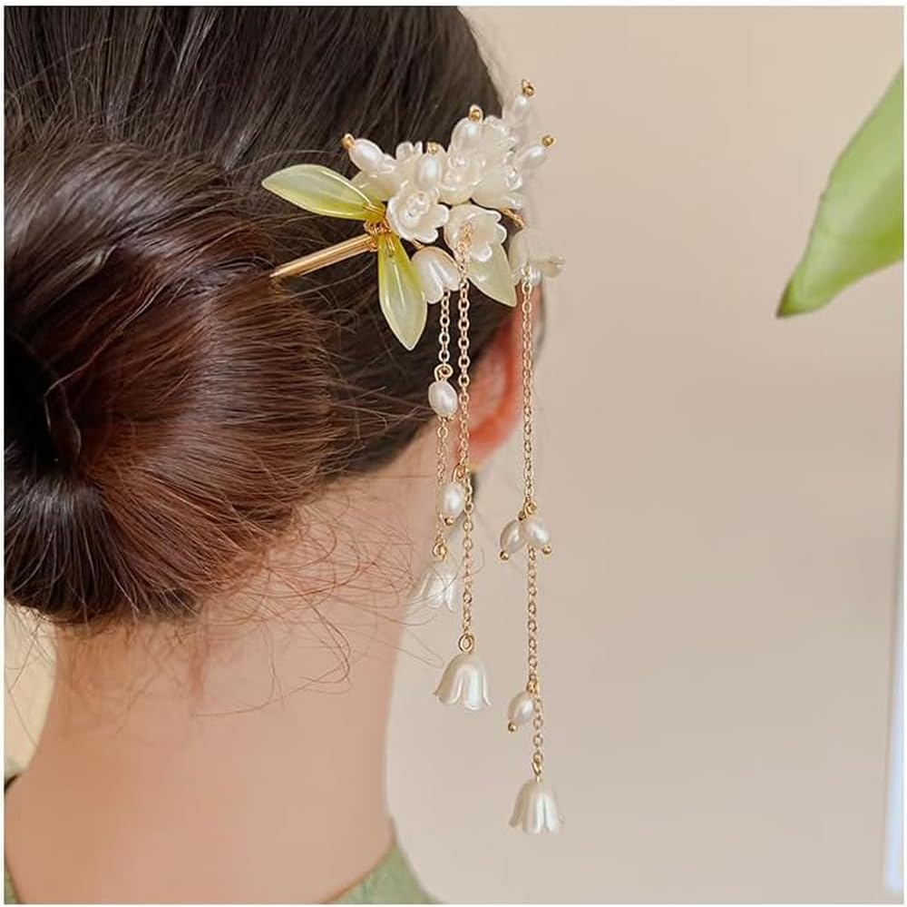 Chinese Hair Fork,Flower Hair Sticks,Elegant Simple Magnolia Pearl Hairpins for Ancient Style Beaded Braided Hairpins Chinese Hair Fork image number 2
