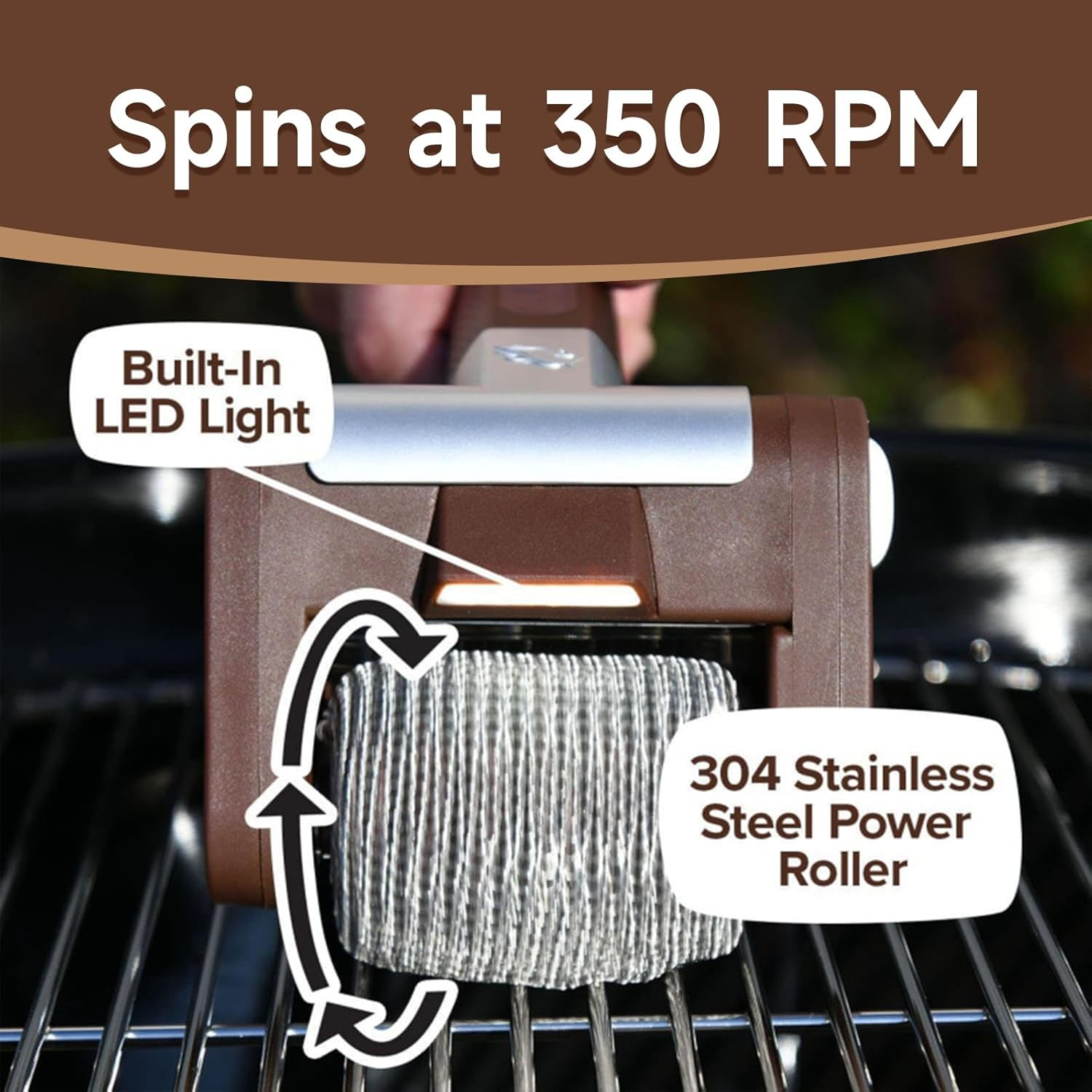 ZVCXOE Electric Grill Cleaner Cordless Stainless Steel Electric Drum Hairless Spin Grill Brush 350RPM Stainless Steel Drum Suitable for Outdoor Grilling Brown image number 5