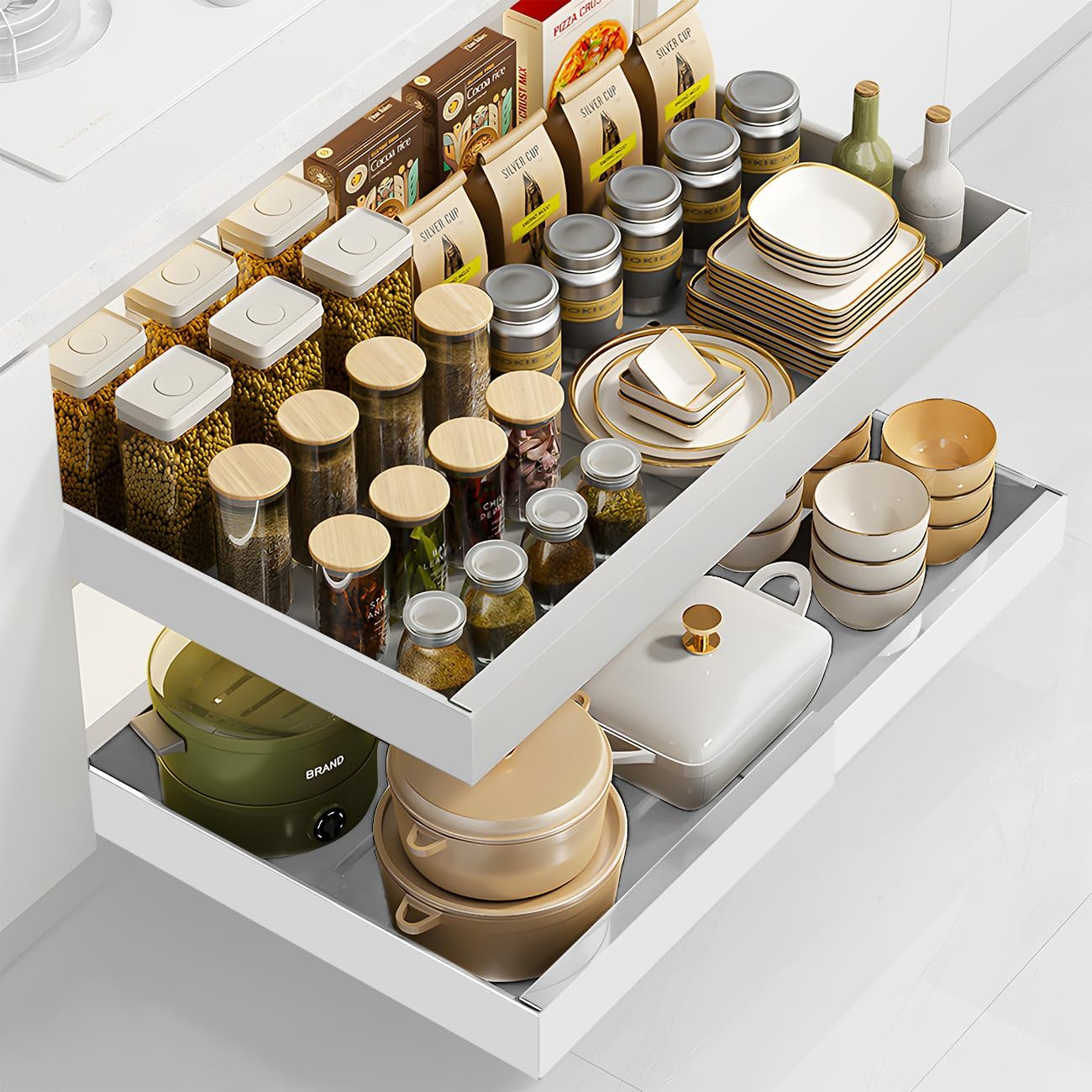 Aumerage Expandable Cabinet Organizer - Pull Out Drawers with Adhesive Mount, Adjustable Width 32-52Cm, Slide Out Storage for Kitchen Cabinets（Whinte 2PCS） image number 4