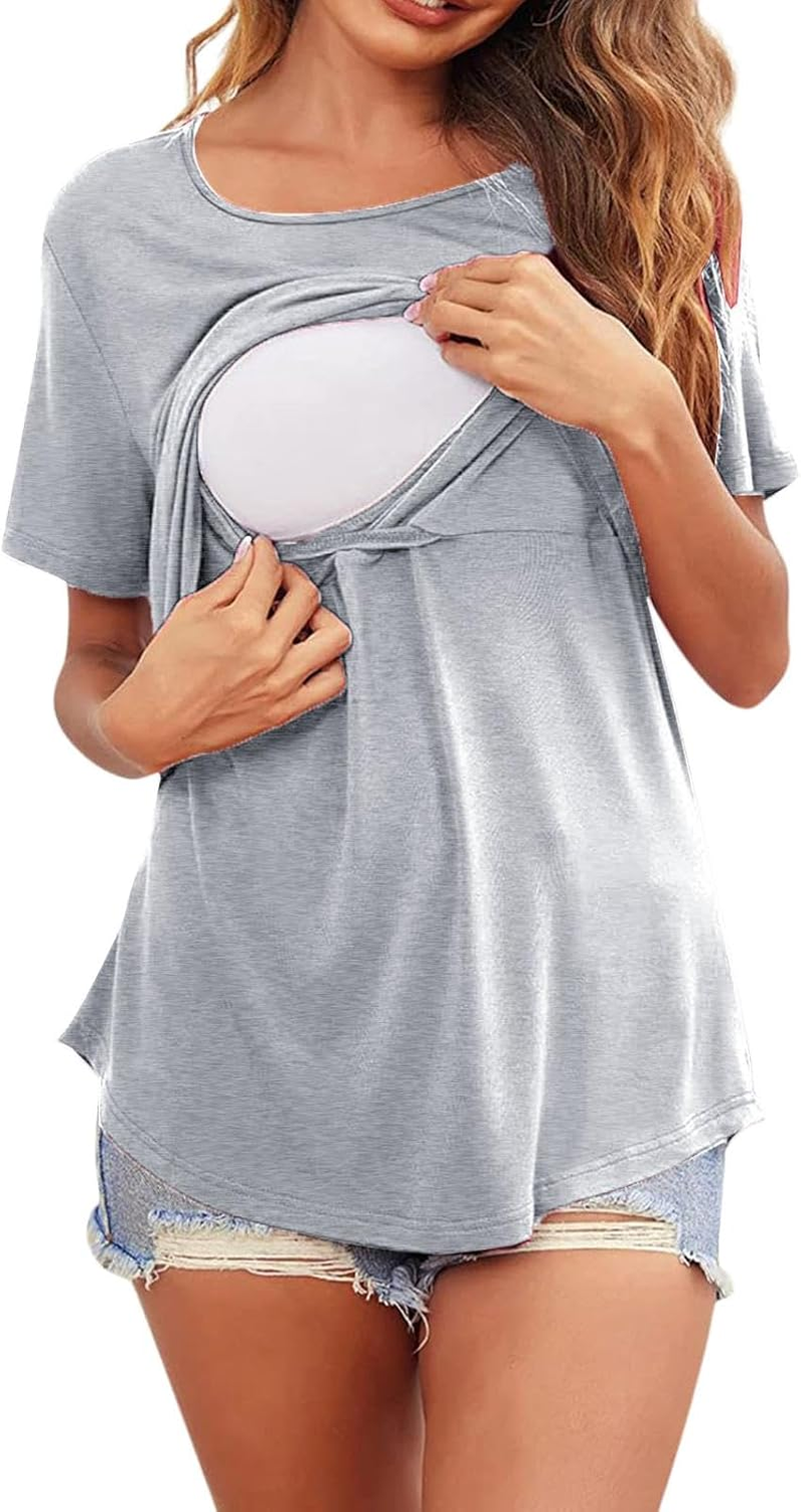 Kowaku Women'S Maternity Shirts Breastfeeding Tshirt Full Coverage Skin Friendly Breastfeeding Tees Nursing Shirts for Daily Wear