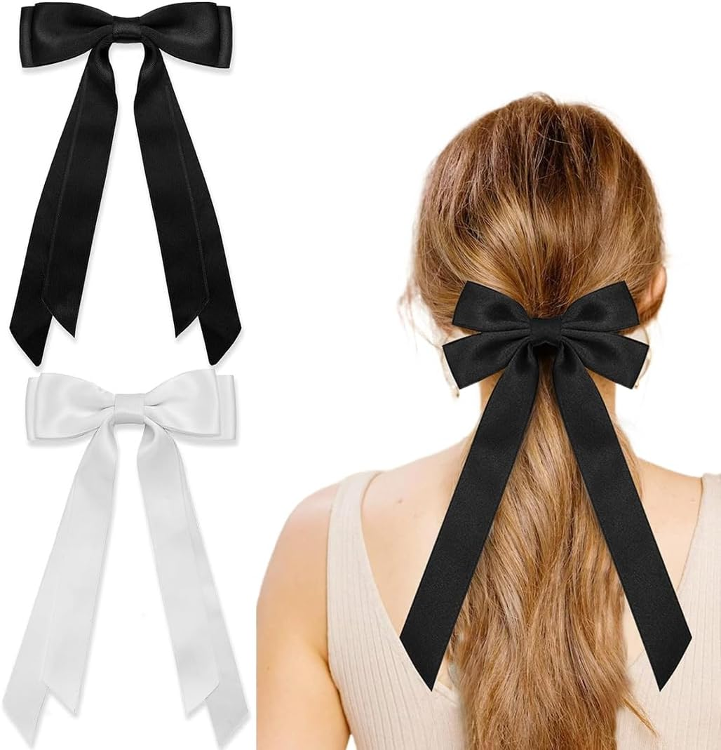 Pack of 2 Silky Satin Bun Hair Clips Black White Hair Bands Ponytail Clips Metal Clips Women'S Hair Bundles image number 2