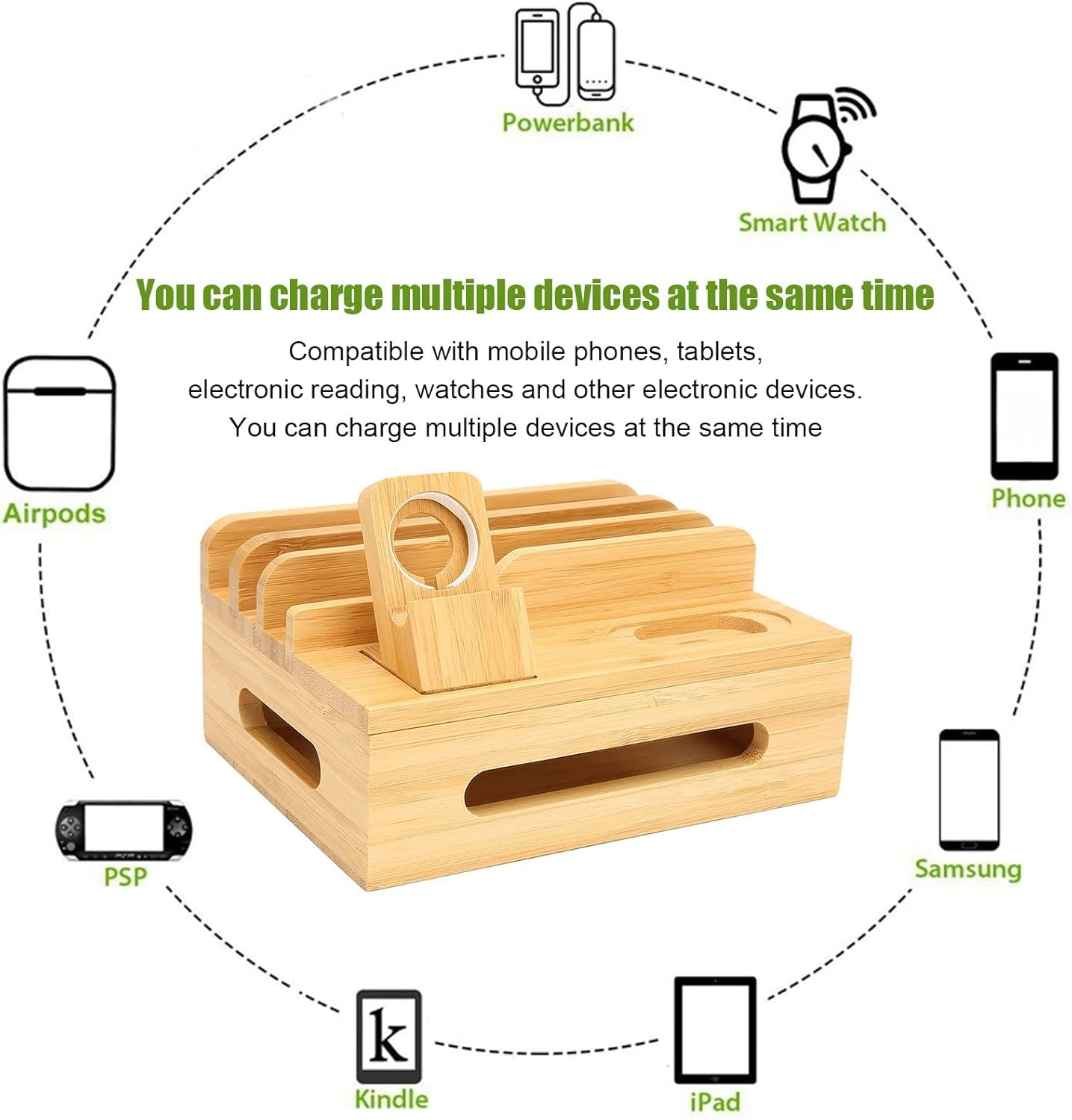 TOPINCN Bamboo Multi Device Charging Station Efficient Organizer for Phone Tablet Watch, Keep Neat and Organized for Home Office Dorm, Bamboo Material image number 3