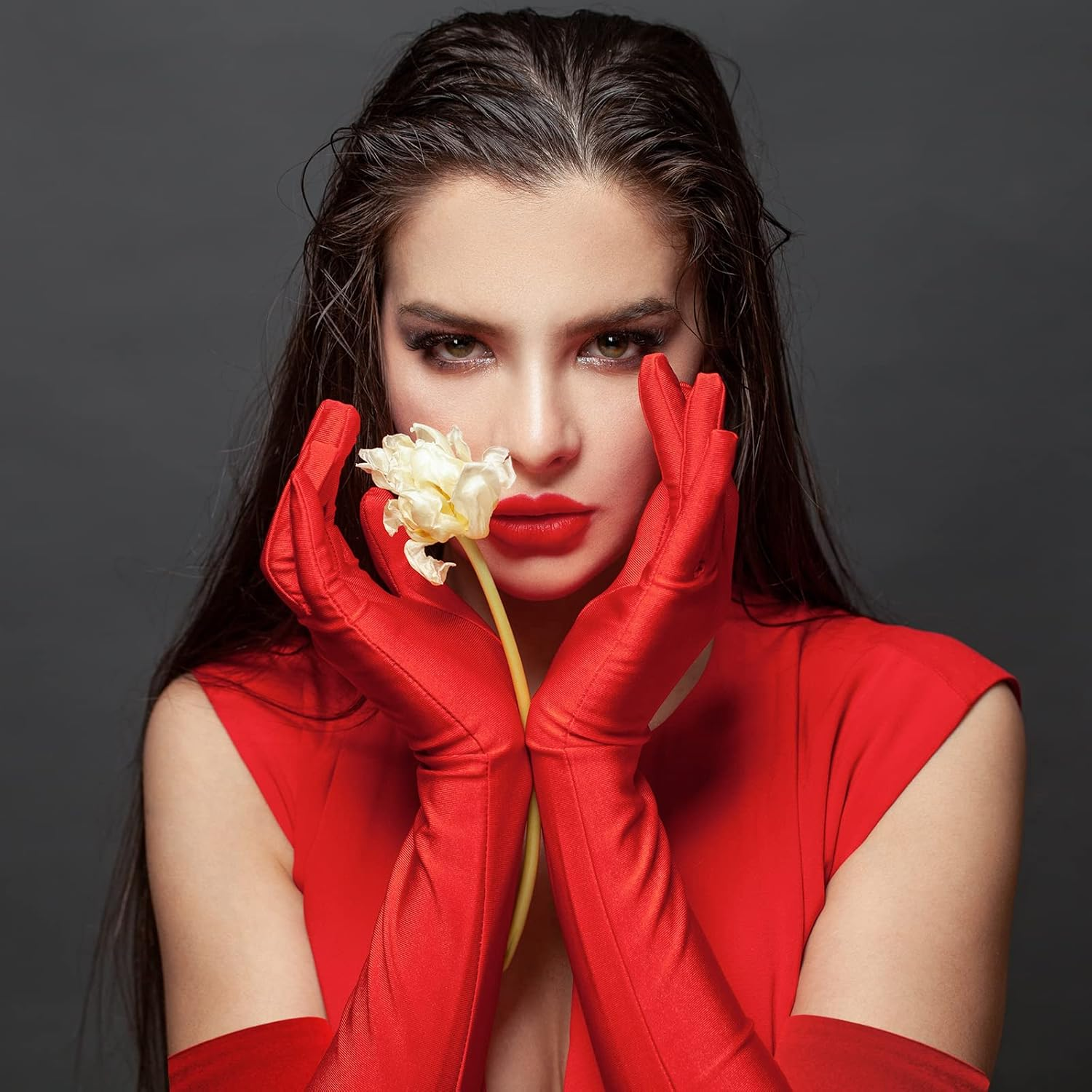 20In Women'S Long Finger Black Gloves Elbow Length Red Gloves image number 4