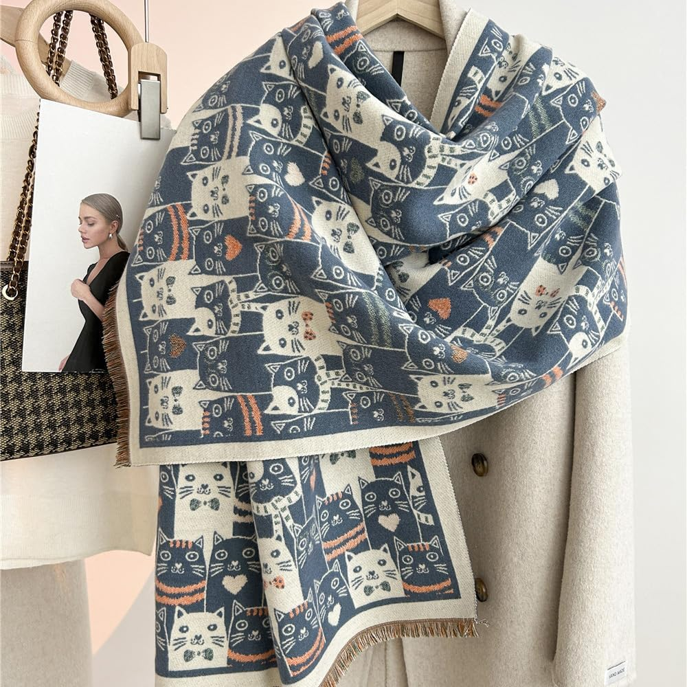Women'S Fringed Scarf Cat Print Pattern Cape Winter Cashmere Feel Shawl Warm Wrap - Cat Black image number 5
