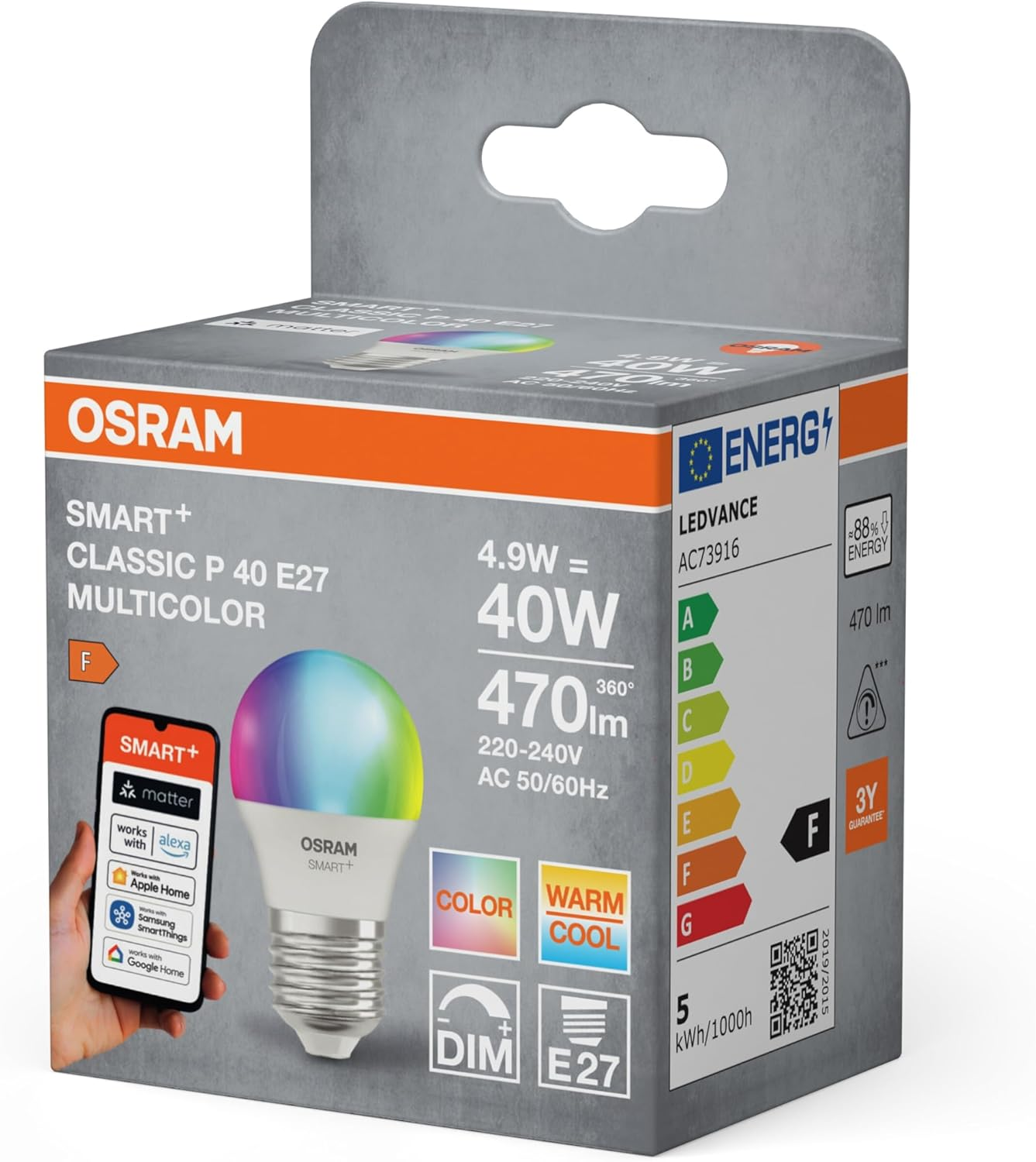 OSRAM Smart+ LED Lamp P40 RGBW E27, Mini Ball Shape, WLAN Enabled, Controllable with App, Compatible with Matter, Alexa, Google Assistant image number 3
