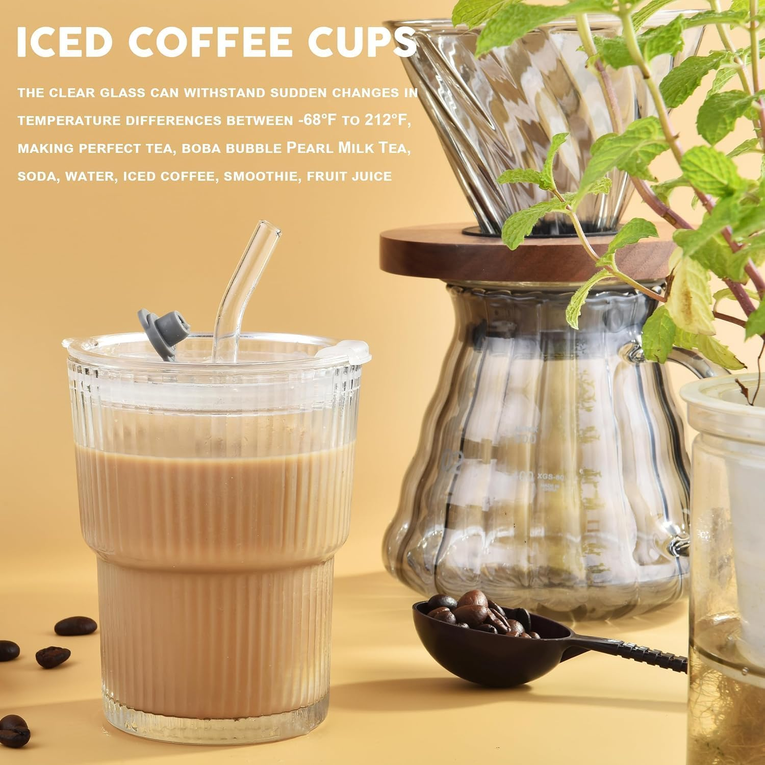 14Oz Glass Tumblers with Lids and Straws, Set of 2 - Stylish Ribbed Design Drinking Glasses for Iced Coffee Cups, Juice, Smoothies, Cold Beverages, Includes Cleaning Brush, Durable Glassware image number 2