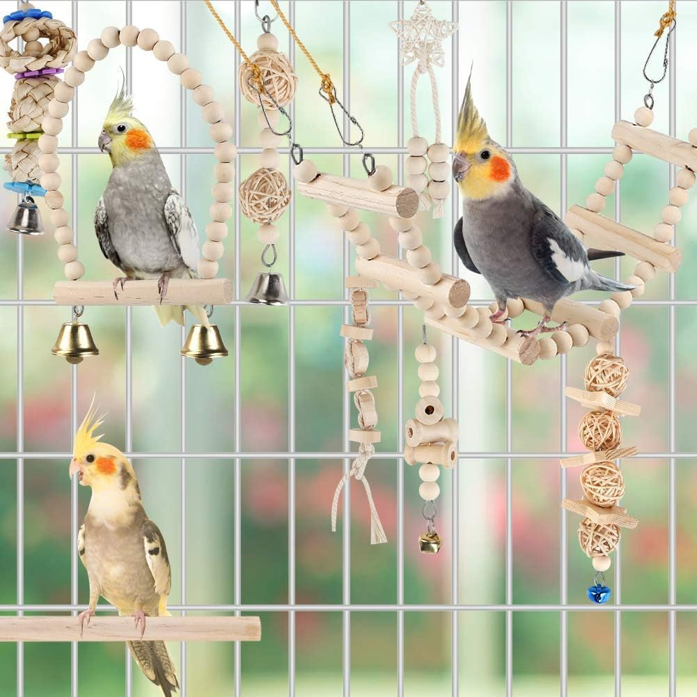 Bird Parrot Cage Swing Toys, Chewing Standing Hanging Perch Hammock with Climbing Ladder, for Budgerigar Parakeet Cockatiel Finches image number 3