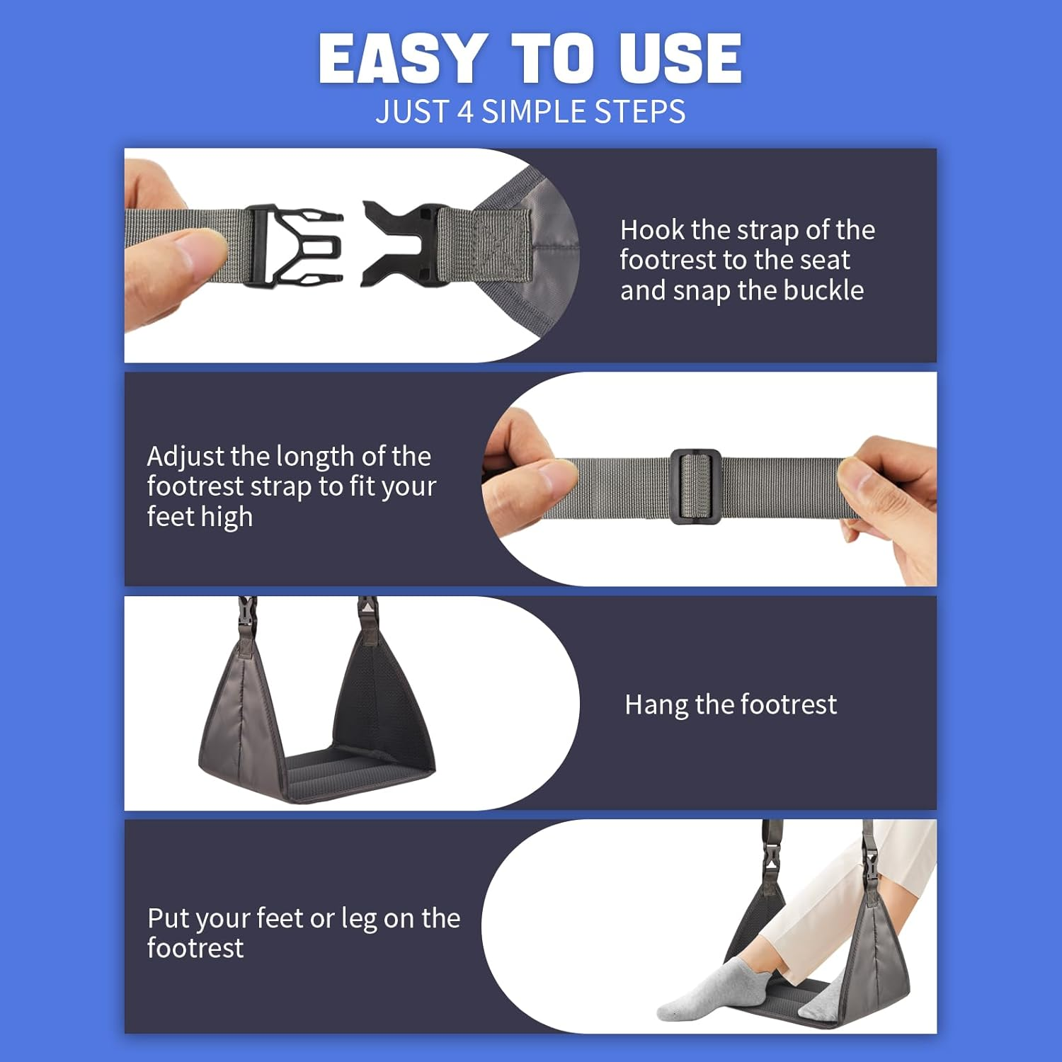 Portable Airplane Footrest with Stable Base - Adjustable Travel Foot Hammock Prevents Leg Clashing, Carry-On Essentials for Flight, Train & Office Use (Grey) image number 4