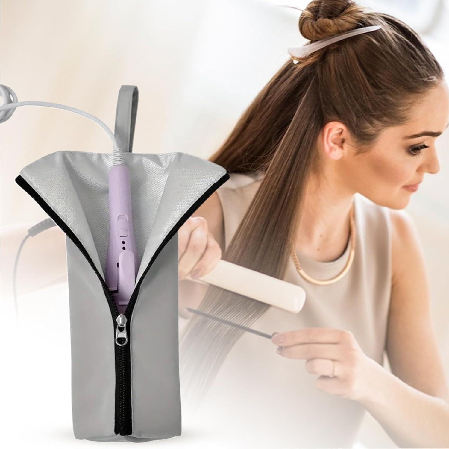 Biniveil Curling Iron Bag | Heat Resistant Mat Pouch | Dustproof Waterproof Hair Styling Tool Organizer for Travel Vanity Table RV Salon Hairstylist Makeup Station Home - Pink image number 2