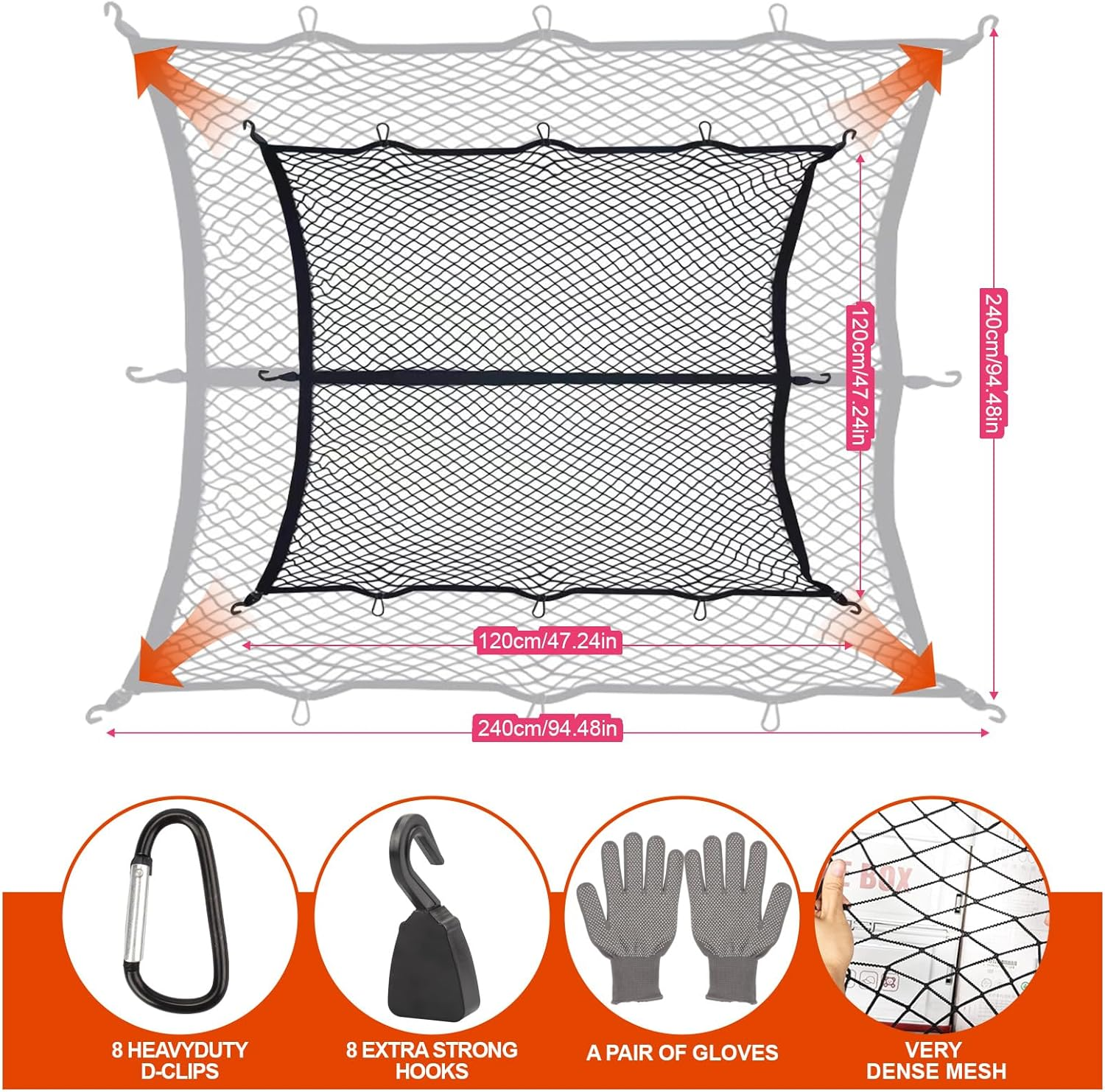 Cozy Core Upgraded 8-Hook Elastic Truck Bed Cargo Net, Adjustable 4X4Ft to 8X8Ft, Heavy-Duty Stretchable Design for Dodge Ford Chevy Pickups SUV Racks, Includes ABS Carabiners & Work Gloves image number 3