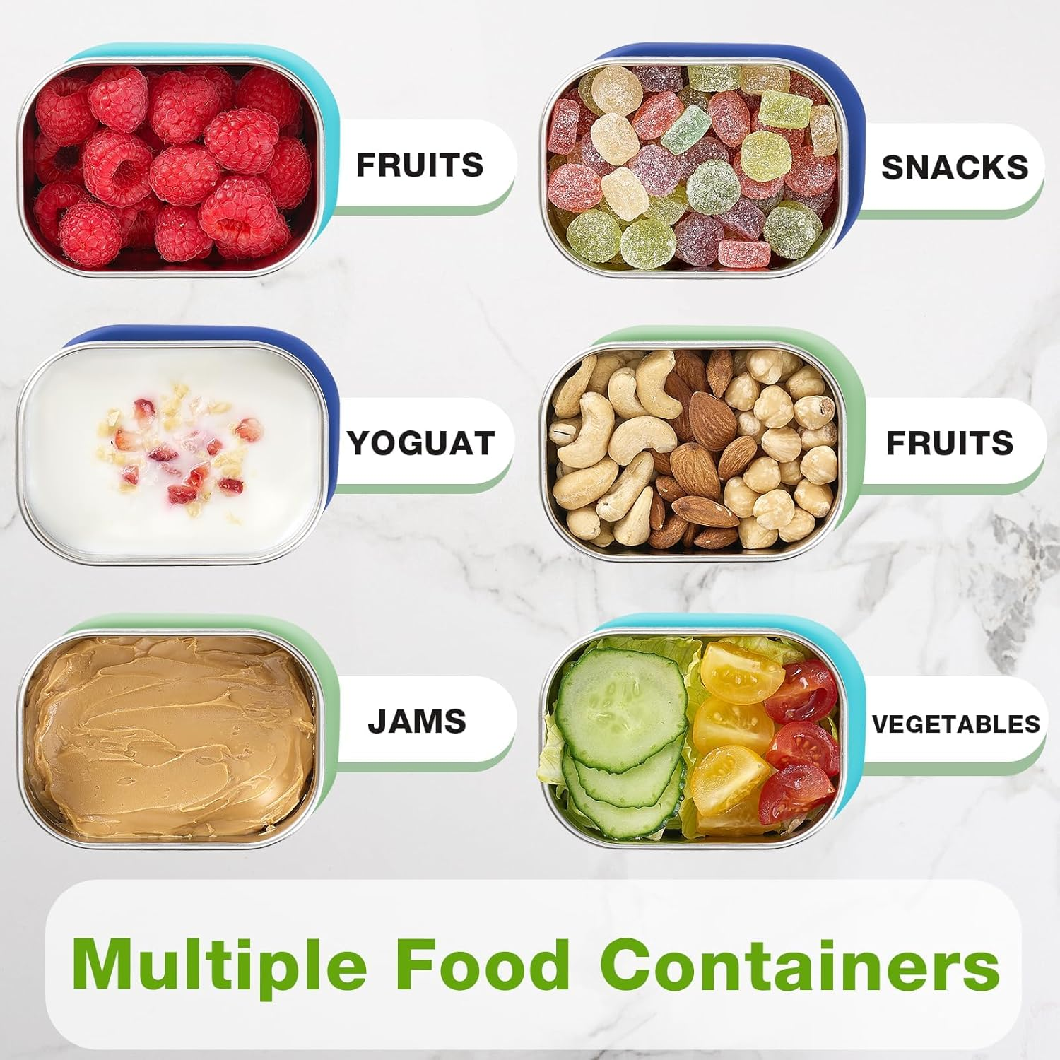 Stainless Steel Snack Container, 6Pcs 8Oz, for Kid Easy Open Leak Proof, Stackable Rectangle Food Storage Container with Silicone Lid, Portable Snack Box for School Office Travel Camping (Green-6Pcs) - Green-6Pcs image number 4