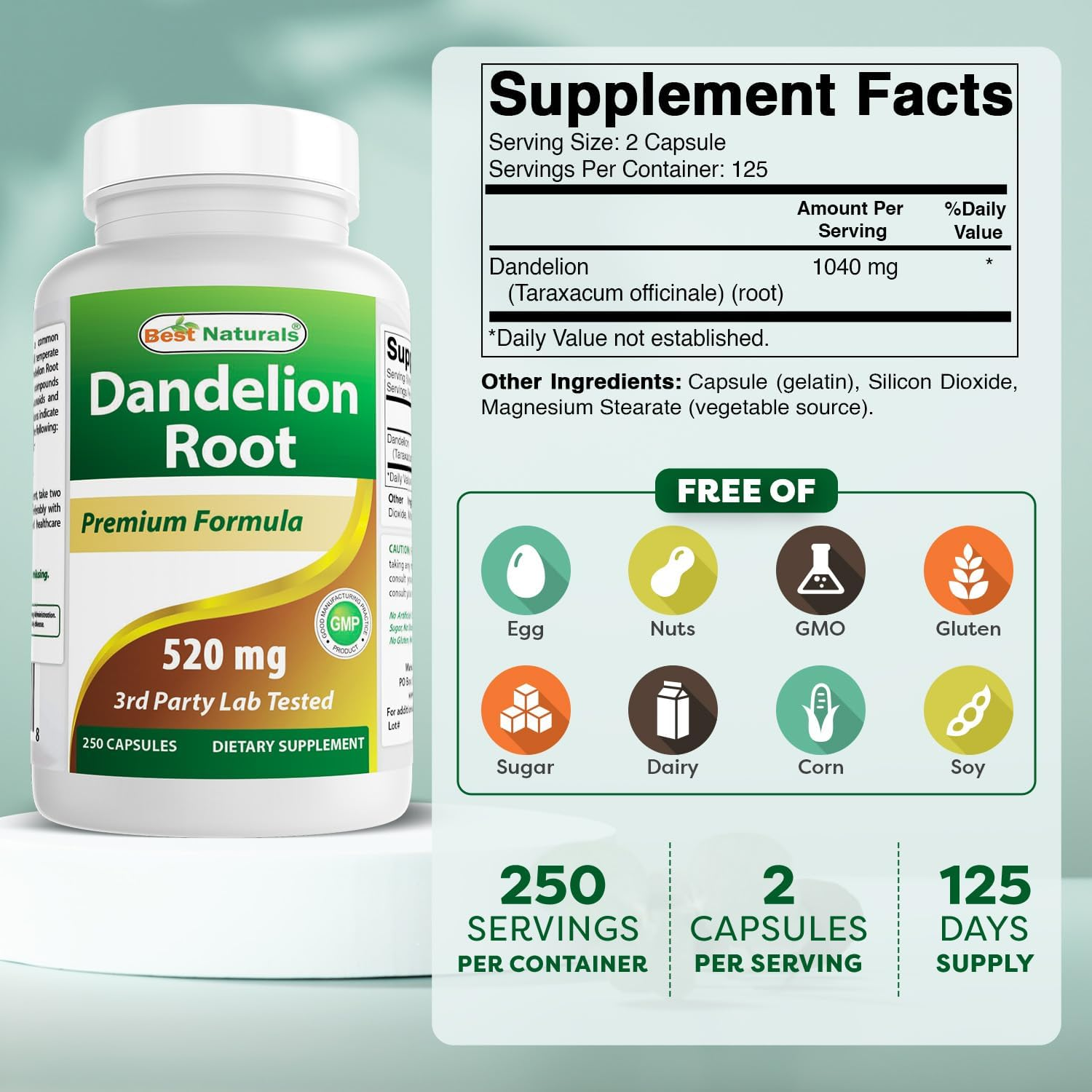 Best Naturals Dandelion Root 520 Mg 250 Capsules image number 5