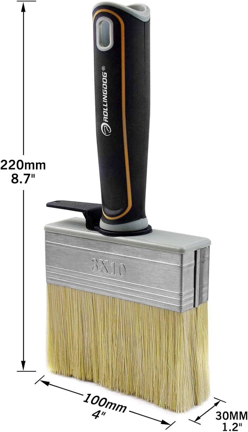ROLLINGDOG Fence Paint Brush Set 4" 2 Pcs with Rubber Handle for Wall,Ceiling, Deck, Fence, Outdoor Painting, Shed