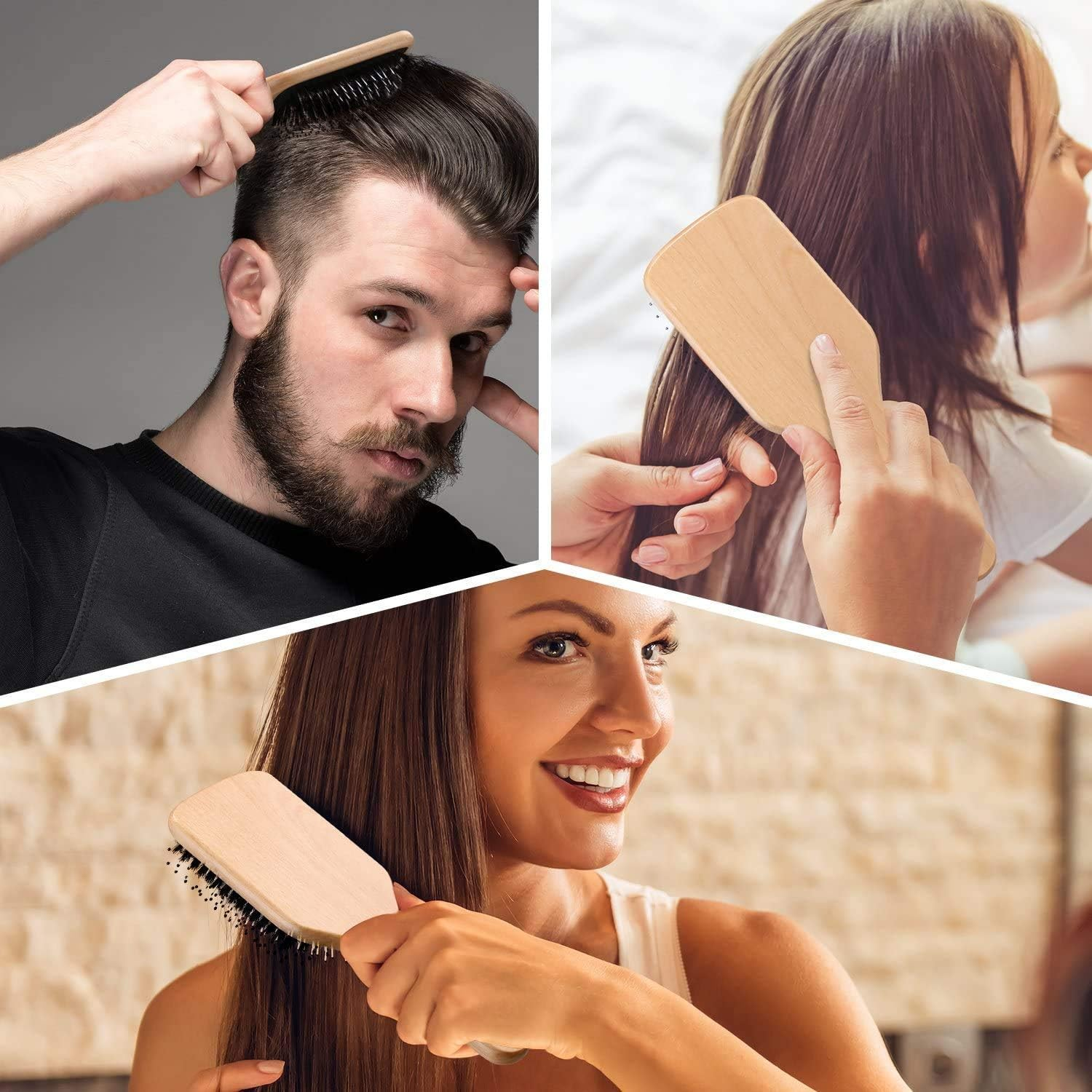 Hair Brush, 2 Pack Boar Bristle Paddle Hairbrush for Women Men Kids Reducing Frizzy, No More Tangle, Small Travel Brush Tail Comb & Giftbox Included image number 1