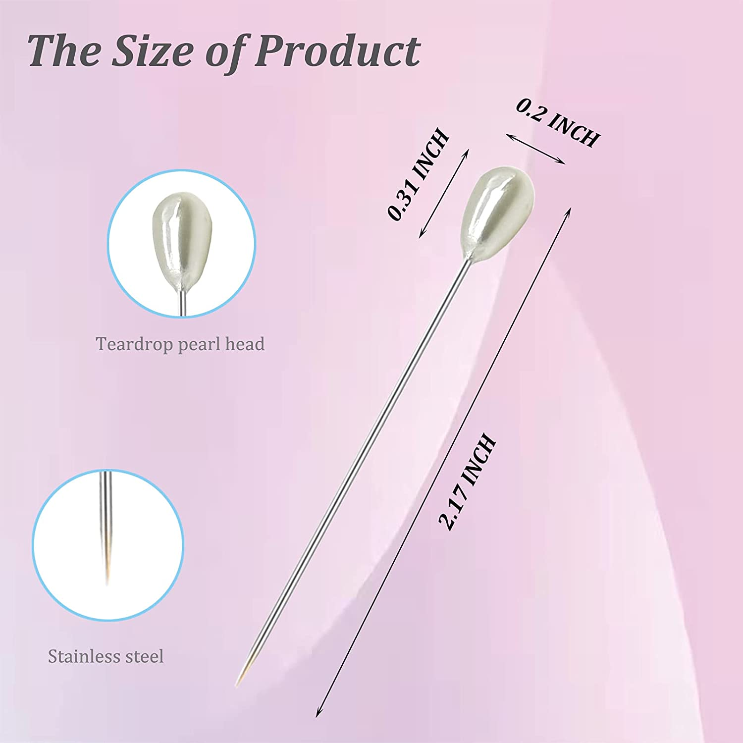 300PCS Corsage Pins, Teardrop Pearl Sewing Pins, Long 2Inch Straight Sewing Wedding Bouquet Pins for Wedding, Jewelry DIY Decoration, Quilting and Craft (300Pcs, White)