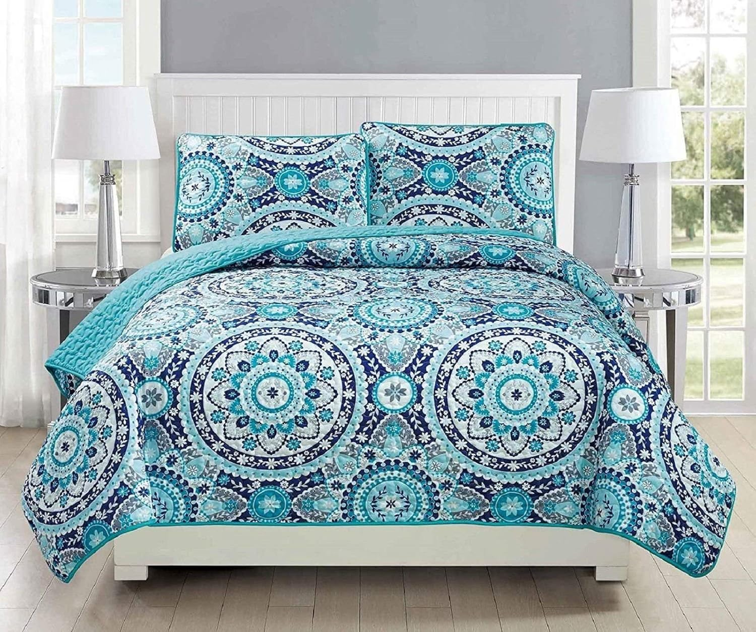 Linen plus King/California King 3Pc Reversible Oversized Bedspread Set Medallion Print Navy Blue White Teal Aqua Taupe New