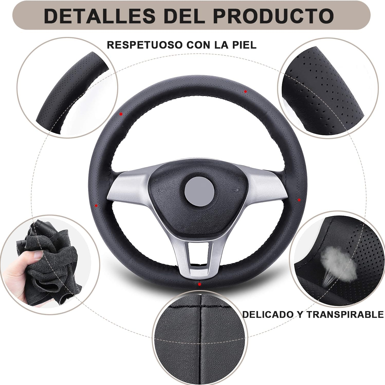 Voarge Microfibre Leather Steering Wheel Cover DIY Steering Wheel Covers Car Steering Wheel Cover with Needle and Thread Interior Accessories Black image number 3