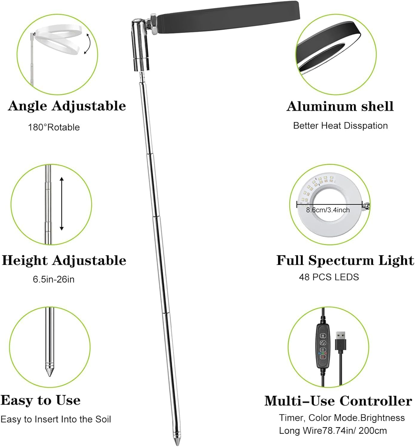 Plant Grow Light, 2Pack LED Growing Lamp Full Spectrum for Indoor Plant, Height Adjustable Plant Light with Auto On/Off Timer 3/9/12H,4 Dimmable Brightness for Small Plant, Black image number 4