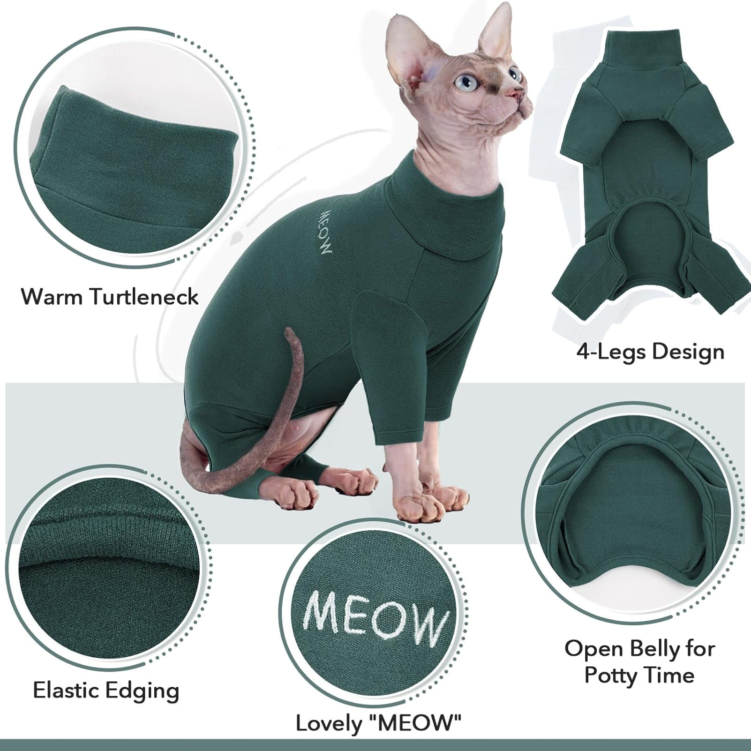 Cat Onesie, Cat Recovery Suit Kitten Clothes Extra Small Kitten Recovery Suit(Dark Green, XS) image number 2