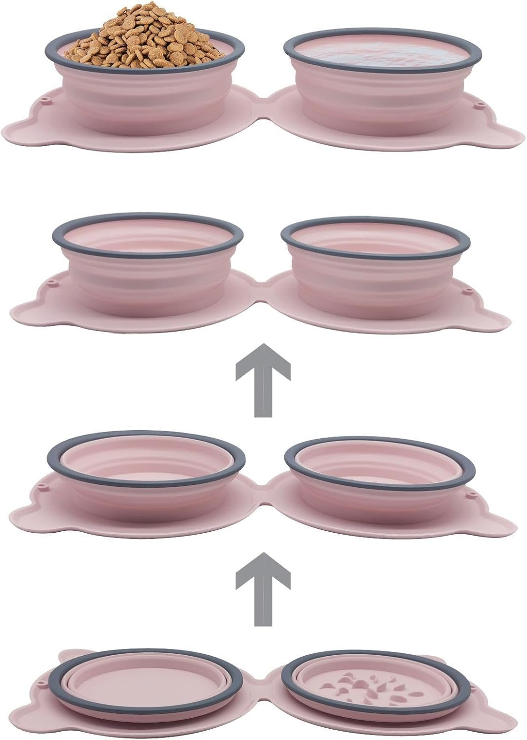 Portable Collapsible Dog Bowl - Silicone Travel Pet Bowl with Slow Feeder, Holds 500Ml Water & 300G Food, Anti-Slip, Easy to Clean, Foldable Double Bowl for Outdoor Walks (Pink) image number 4