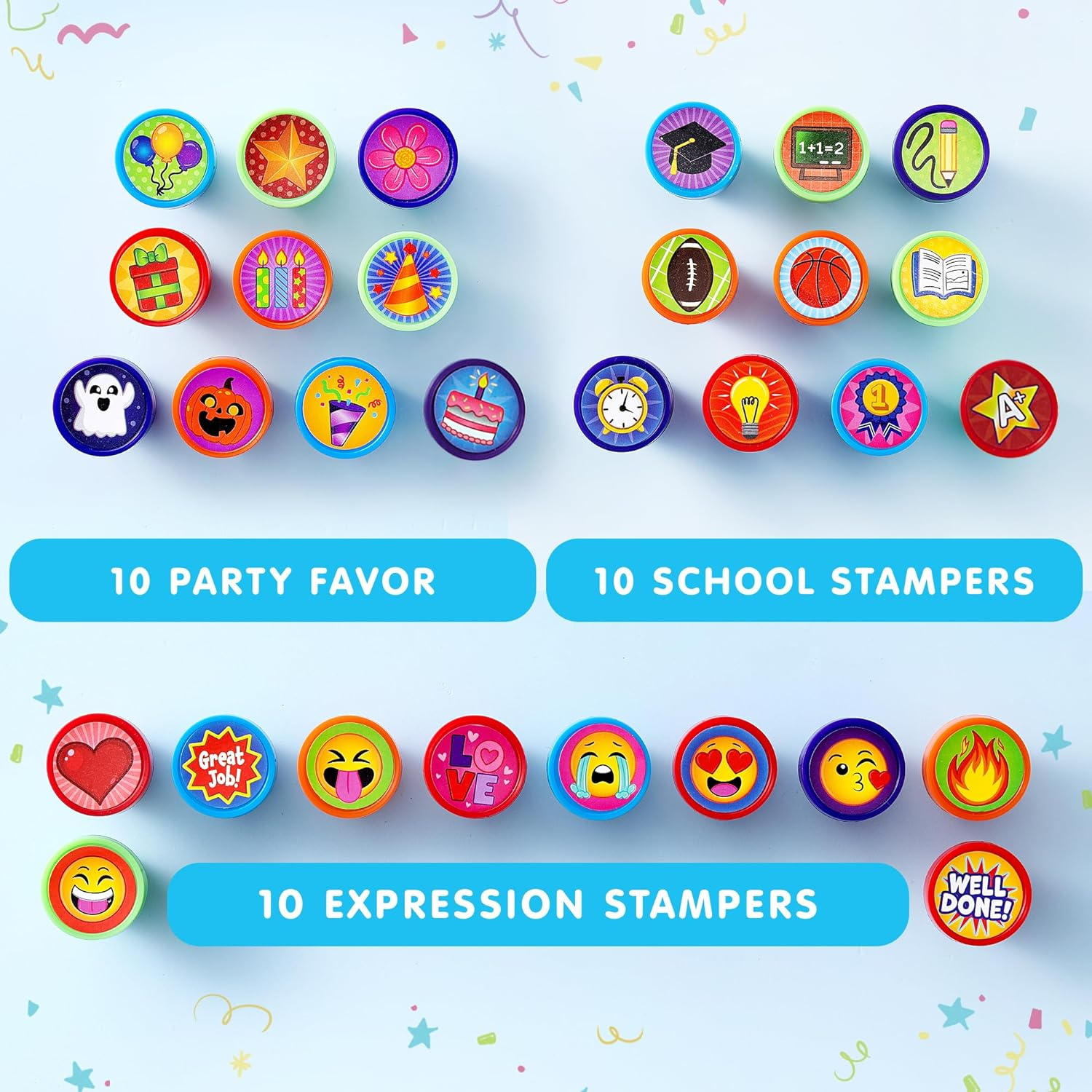 50 Pcs Assorted Stamps for Kids - Self-Ink Stamps with 50 DIFFERENT Designs for Birthday Party Favor, Carnival Prizes, School Stampers, Goodie Bag, Halloween, Christmas (Zoo, Emoji, Holiday Stampers) image number 1