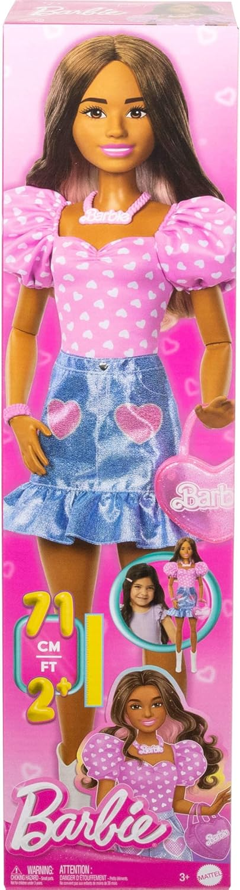 Barbie 28-In Brunette Fashion Doll with Removable Fashions, Pink Top, Denim Skirt, & Cowboy Boots, Necklace and Purse Accessory image number 4