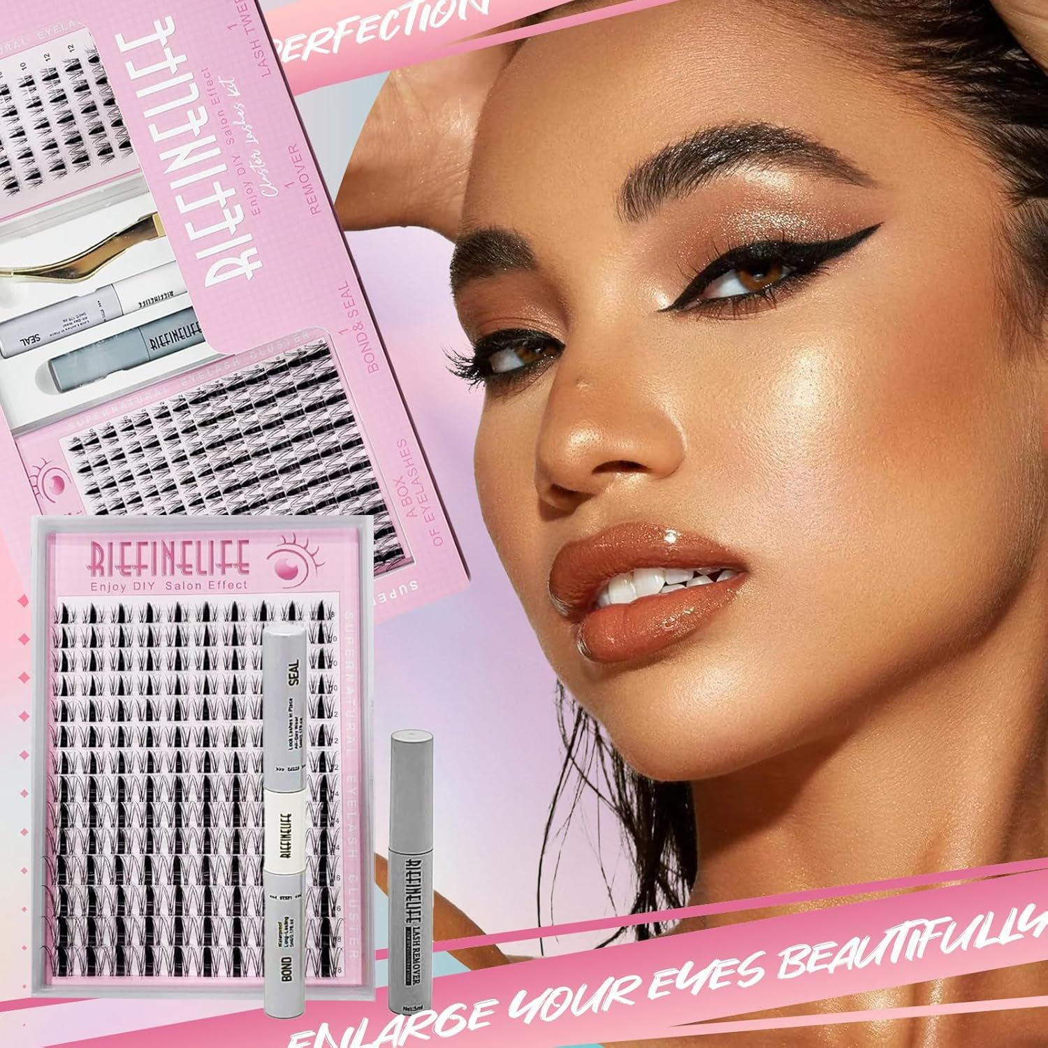 Spiky Cluster Lashes, Wispy 8-18Mm DIY Eyelash Extensions Kit, C and D Curl Pro Cluster & Individual Lashes with Bond, Remover, Applicator, Tweezers,Eyelashes Clusters Kit for Home and Party (Black-Mangga)