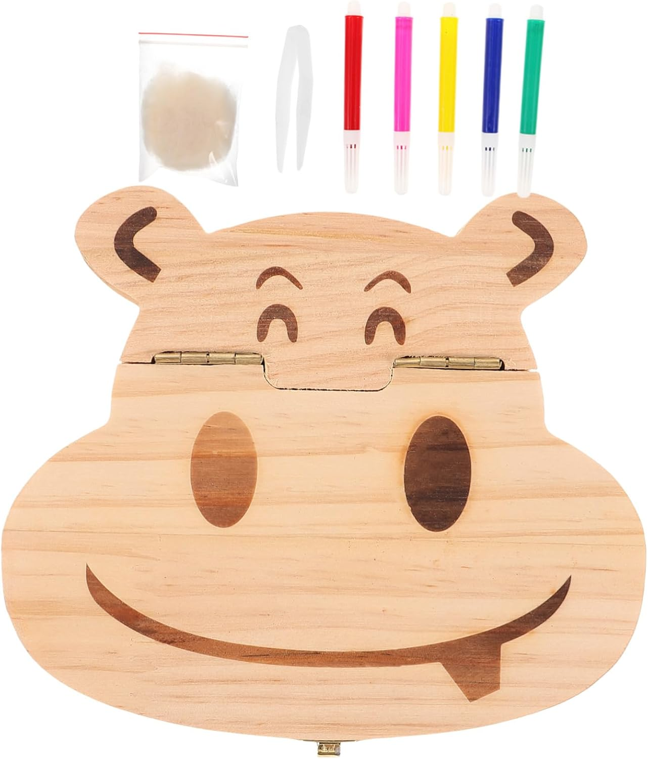 PRETYZOOM Baby Teeth Box and Fetal Hair Saver Wooden Keepsake Organizer Cartoon Hippo Design for Newborns and Children Tooth Storage Souvenir image number 1