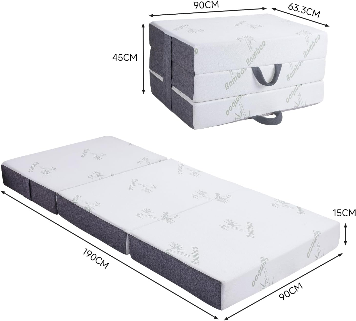 Folding Mattress 190 X 90 X 15Cm, Tri-Fold Sofa Lounge Mat Pad with High-Density Memory Foam and Non-Slip Bottom, Portable Floor Bed for Home, Office, Camping, Travel & Yoga, White image number 6