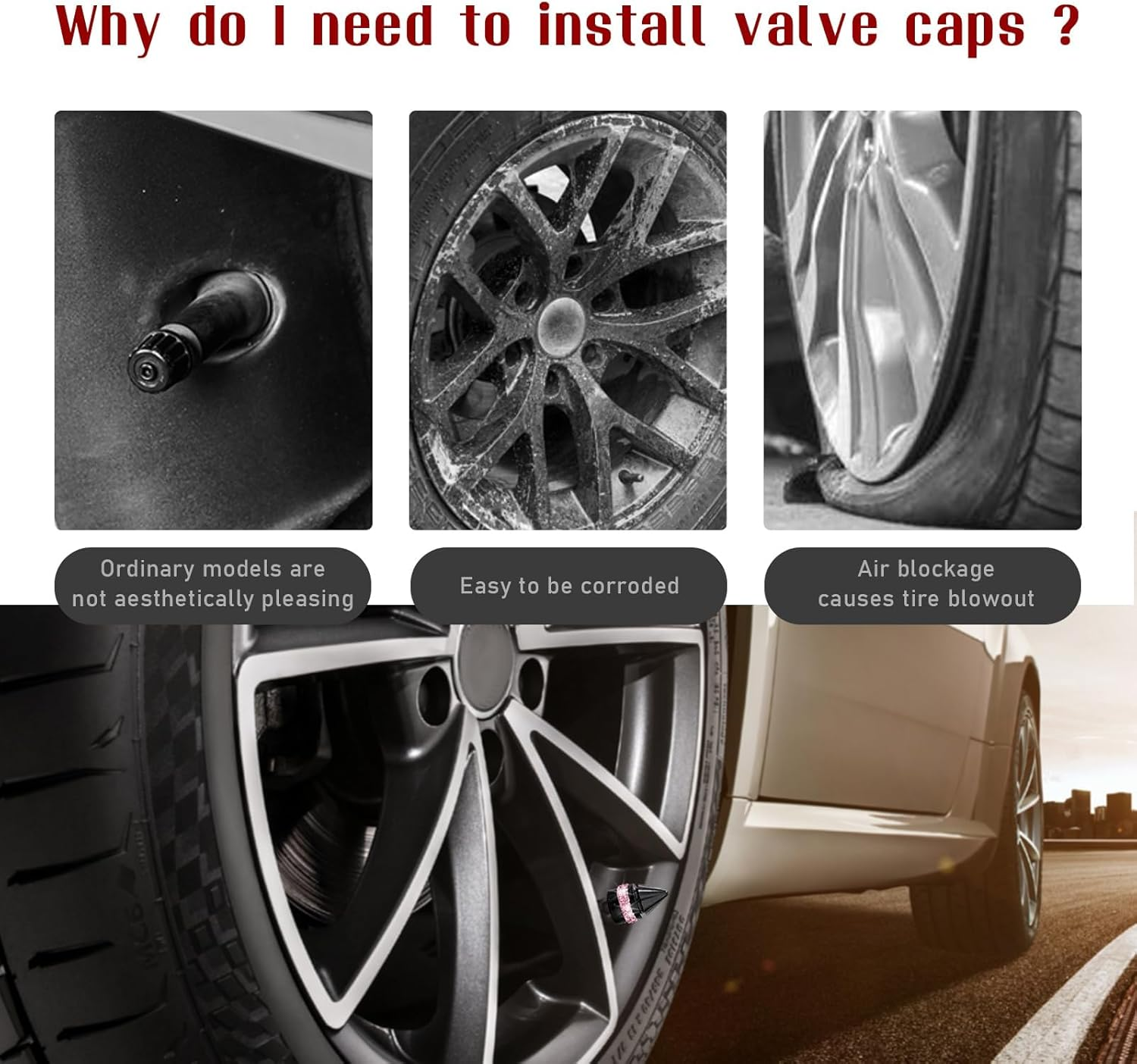 4 PCS Car Tire Valve Stem Caps, Bling Spiked Aluminium Alloy Tire Valve Stem Covers, Corrosion Resistant Auto Tire Air Dust Caps, Universal Car Accessories for All Vehicles (Pink) image number 2