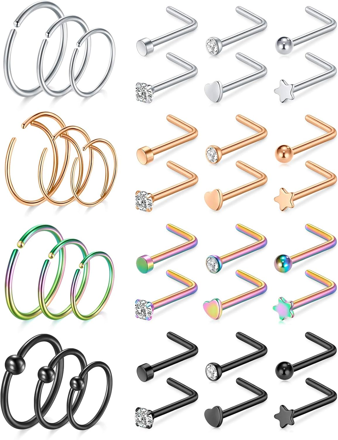 Mayhoop 20G Stainless Steel Nose Rings Hoop L Shape Nose Studs Nose Screw Bone Silver Rose Gold Black Rainbow Pack for Women Men 28Pcs - 2Silver image number 2