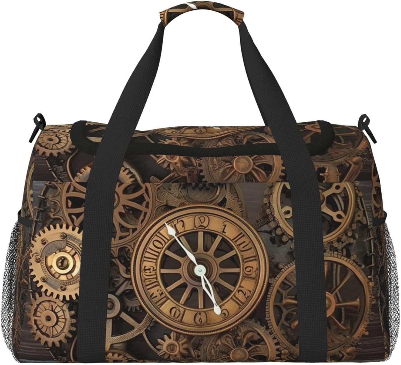 Steampunk Gears Clock Travel Duffel Bag Lightweight Waterproof Carry on Tote Bag Foldable Weekender Overnight Bags Sport Gym Bag for Women Men, Black, One Size image number 6