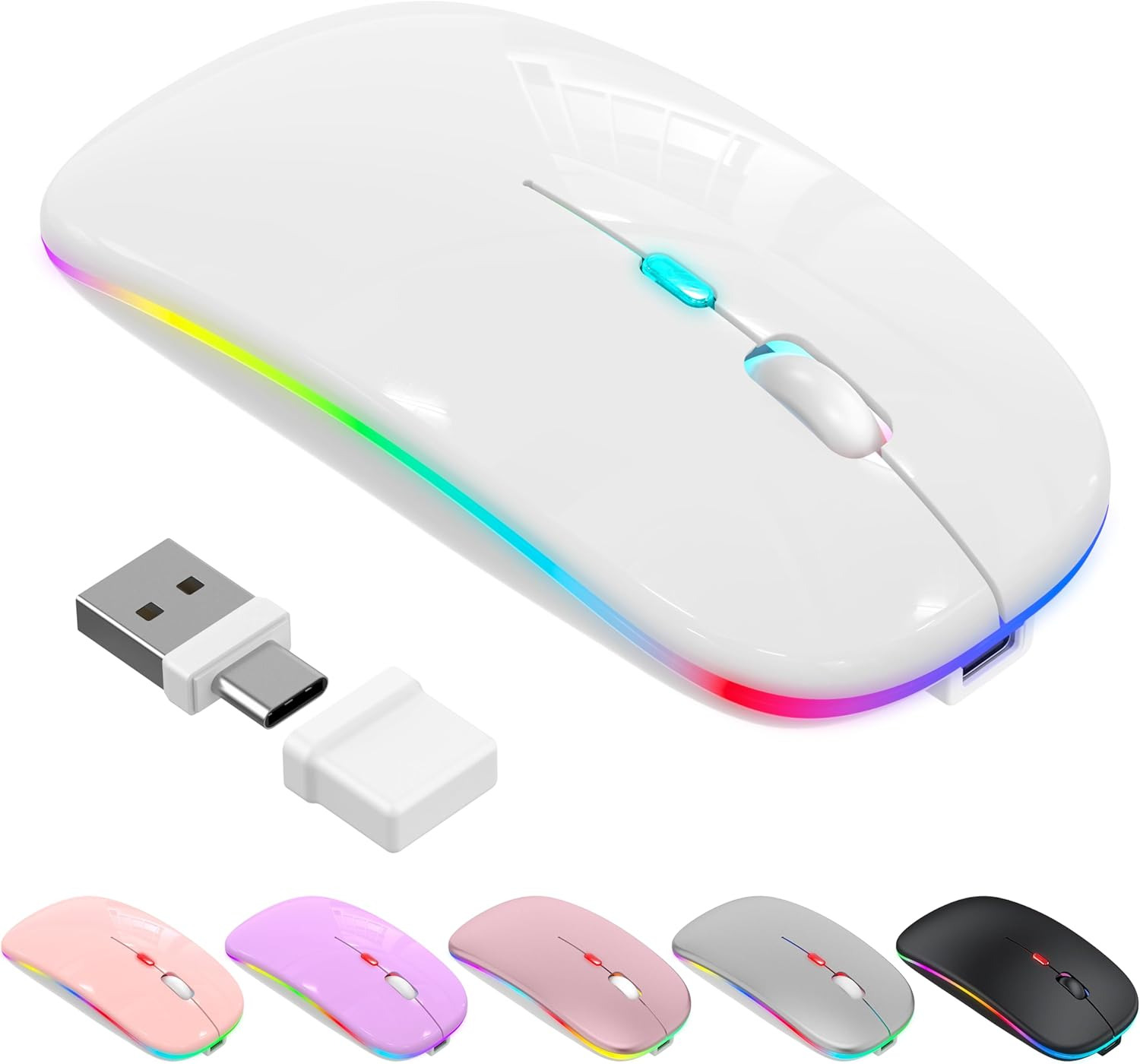 LED Bluetooth Wireless Mouse for Macbook Air Mac Pro Laptop Ipad &ndash;Rechargeable Silent Light-Up Optical Mouse with Jiggler Dual Mode BT5.2 & USB-A/USB-C for Students, Kids, Girls, Boys (White) - Black image number 2