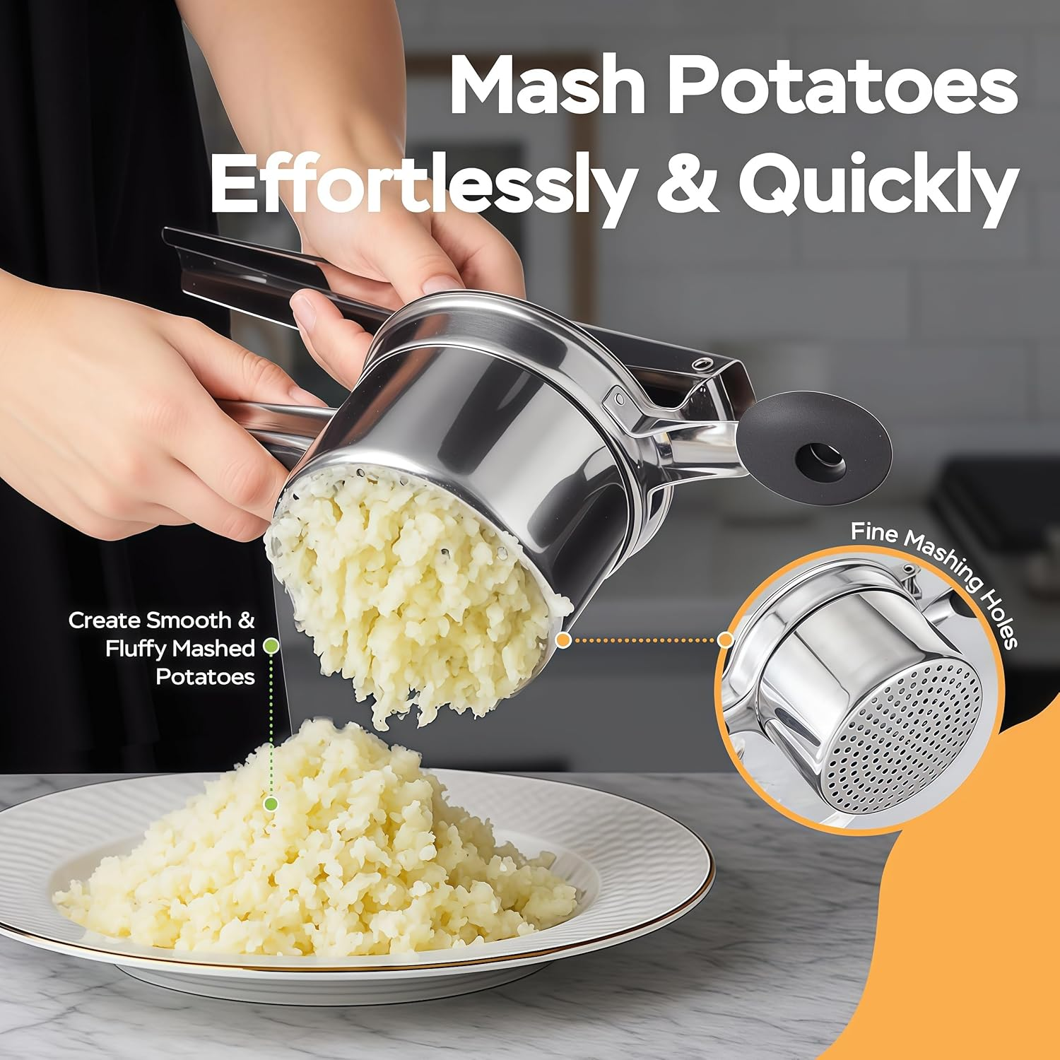 Potato Ricer, Stainless Steel Paotato Masher, Heavy Duty Ricer with Silicone Handle, Pkitchen Tool Potato Press Kitchen Gadget for Potatoes Vegetable Fruit,Juicer, Baby Food Press Squeezer (1) image number 3