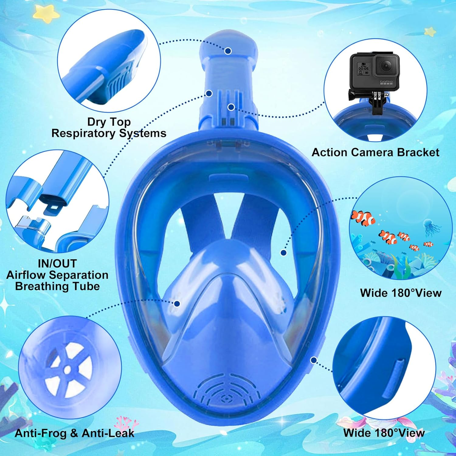 Kids Snorkel Mask Full Face,Snorkeling Gear with Camera Mount 180 Degree Panoramic View Detachable Snorkeling Set image number 2