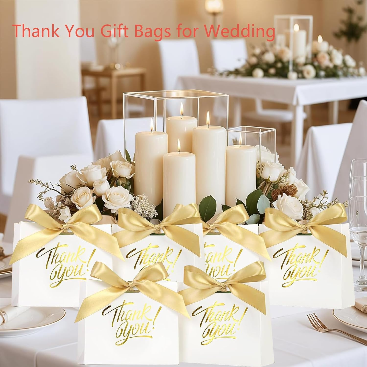 50Pcs Small Thank You Gift Bags, 12 * 4.5 * 10Cm Party Favor Bags Boxes with Bow Ribbon, Small Paper Gift Bags White Mini Candy Treat Bags for Birthday Wedding Party Holiday (4.5X1.8X3.9 Inch) image number 5