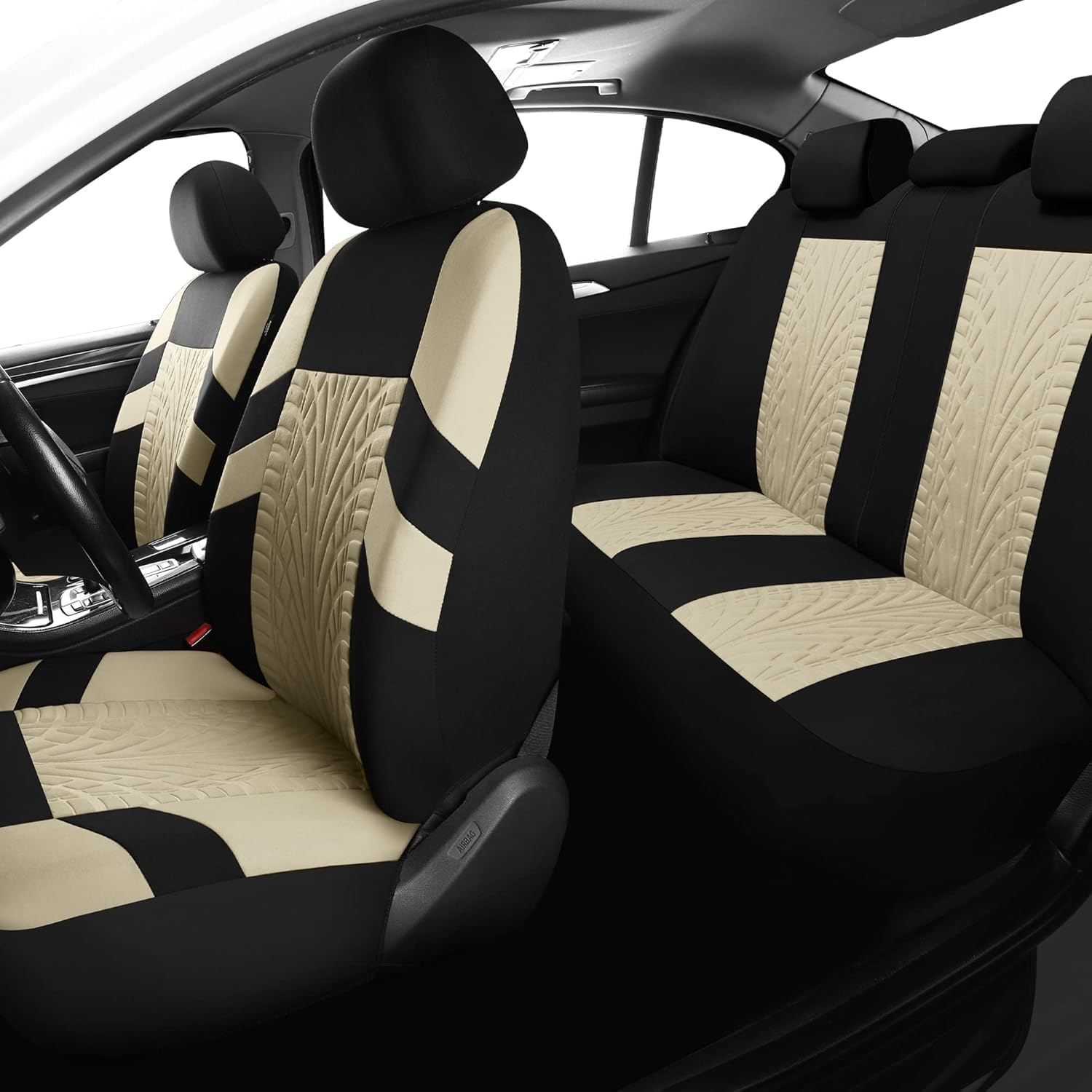 Car Seat Covers Full Set, Front Seat Covers and Split Rear Bench Seat Covers for Car, Universal Cloth Seat Covers for SUV, Sedan, Van, Interior Covers, Airbag Compatible, Black&Beige
