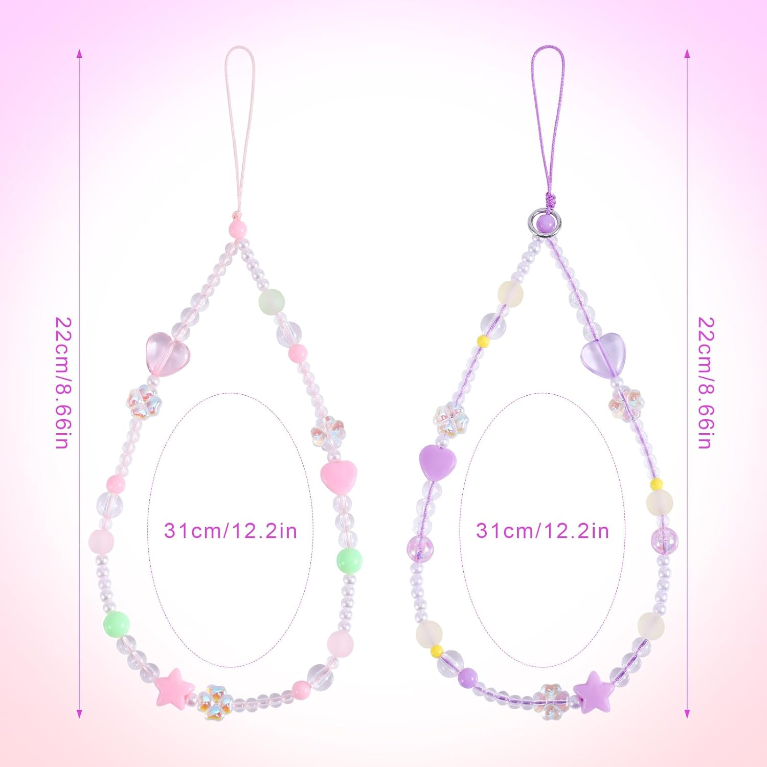 Mikovivi 2Pcs Beaded Phone Bracelet Strap, Love Four-Leaf Mobile Phone Chain Wristband Lanyard Anti-Lost Bracelet for Women Keychains Pendant Wallets Cameras Decoration, Medium, Resin, No Gemstone image number 2