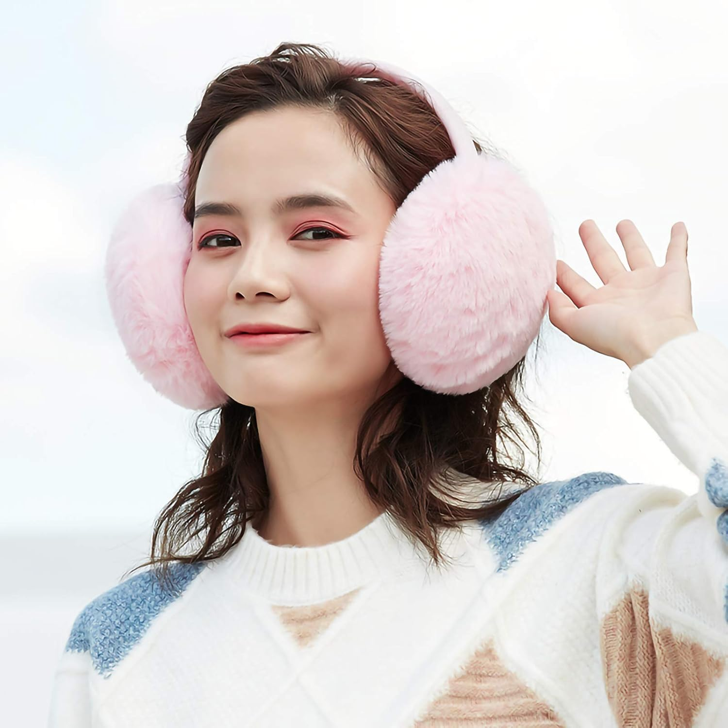 Winter Faux Fur Ear Warmers Cute Warm Foldable Outdoor Earmuffs for Women Girls (Pink) image number 6