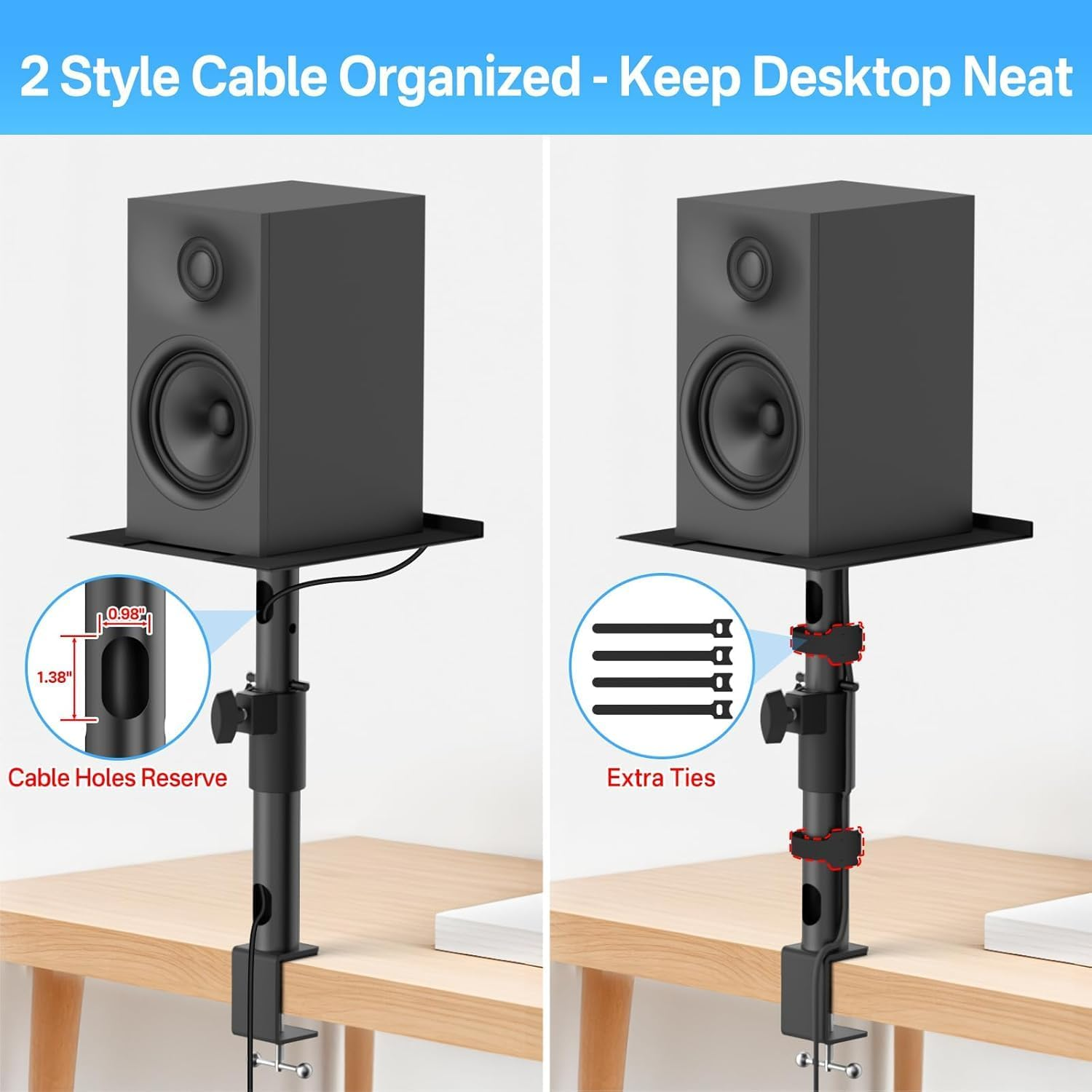 Desktop Speaker Stands, One Pair, for Studio Monitor Speaker Stands, Adjustable Height, 30 Lbs, 10 Degrees Tilt, Desk Clamp Stand (Black) image number 6