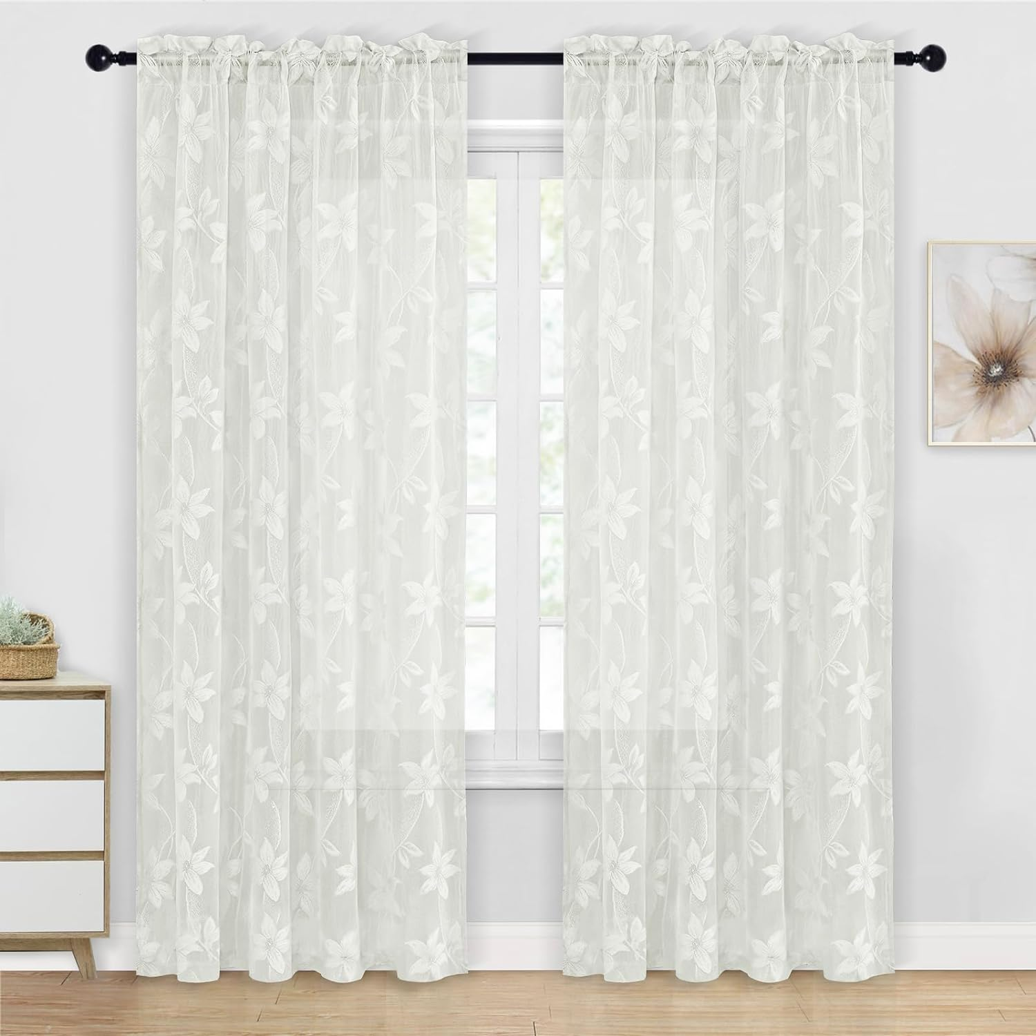 DWCN Sheer Curtains White Floral Lace Curtains Rod Pocket Window Curtains Drapes for Bedroom, Each W132 X D213 Cm, Set of 2 Panels