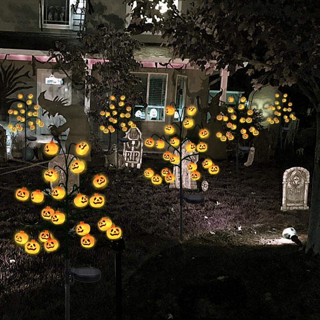 Outdoor Halloween Pathway Lights Decor，2 Pack 40 LED Halloween Pumpkin Stake Lights，Waterproof Orange Jack-O-Lantern Solar Decorative Pathway Lights for All Saints' Day Gravestone Garden Lawn Yard image number 3