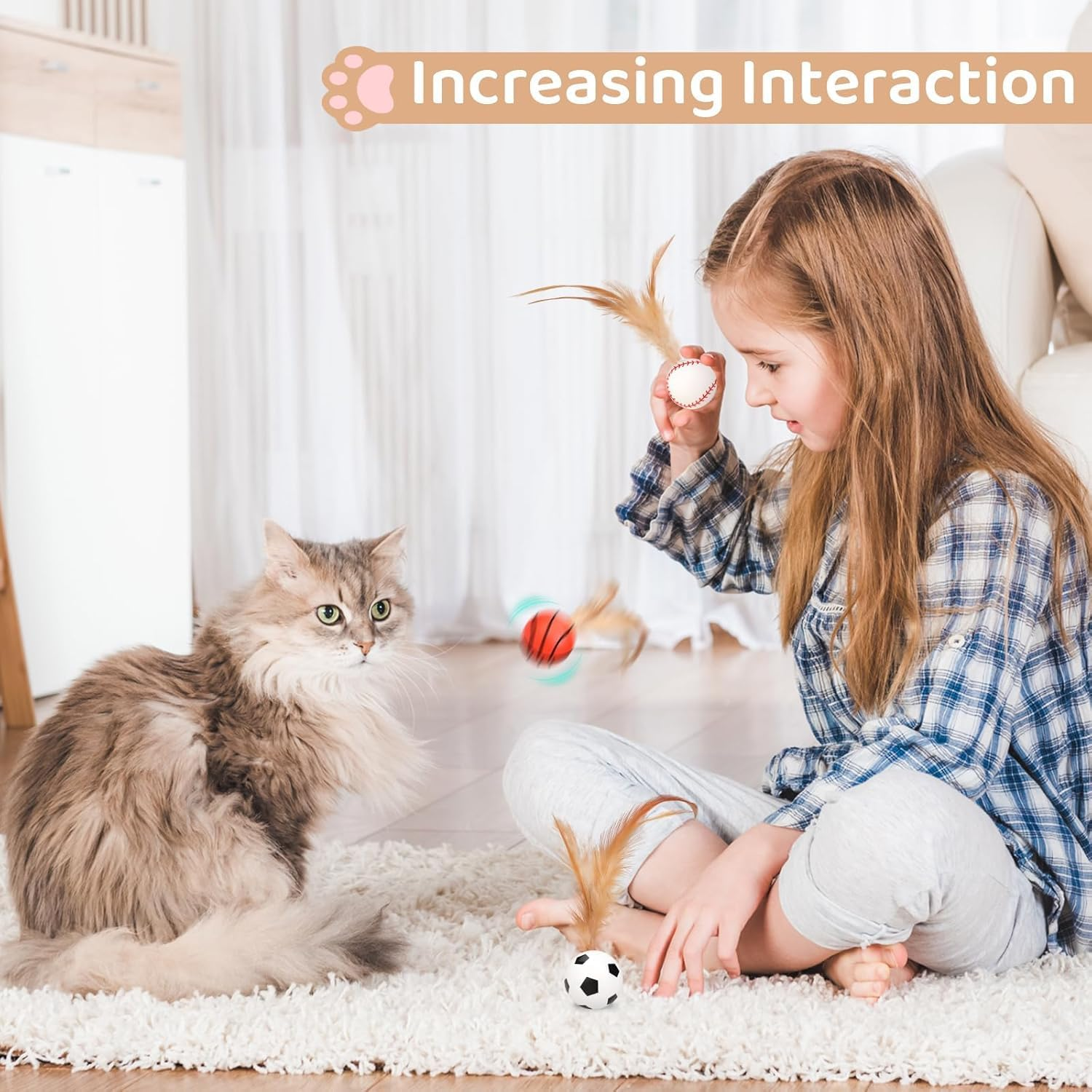 6PCS Interactive Feather Ball Toy for Cats, New Cat Bouncy Ball with Feather Tails, Elastic Cat Toy Balls Silicone Rolling for Indoor, Rolling Balls for Cats Playing Exercise image number 1