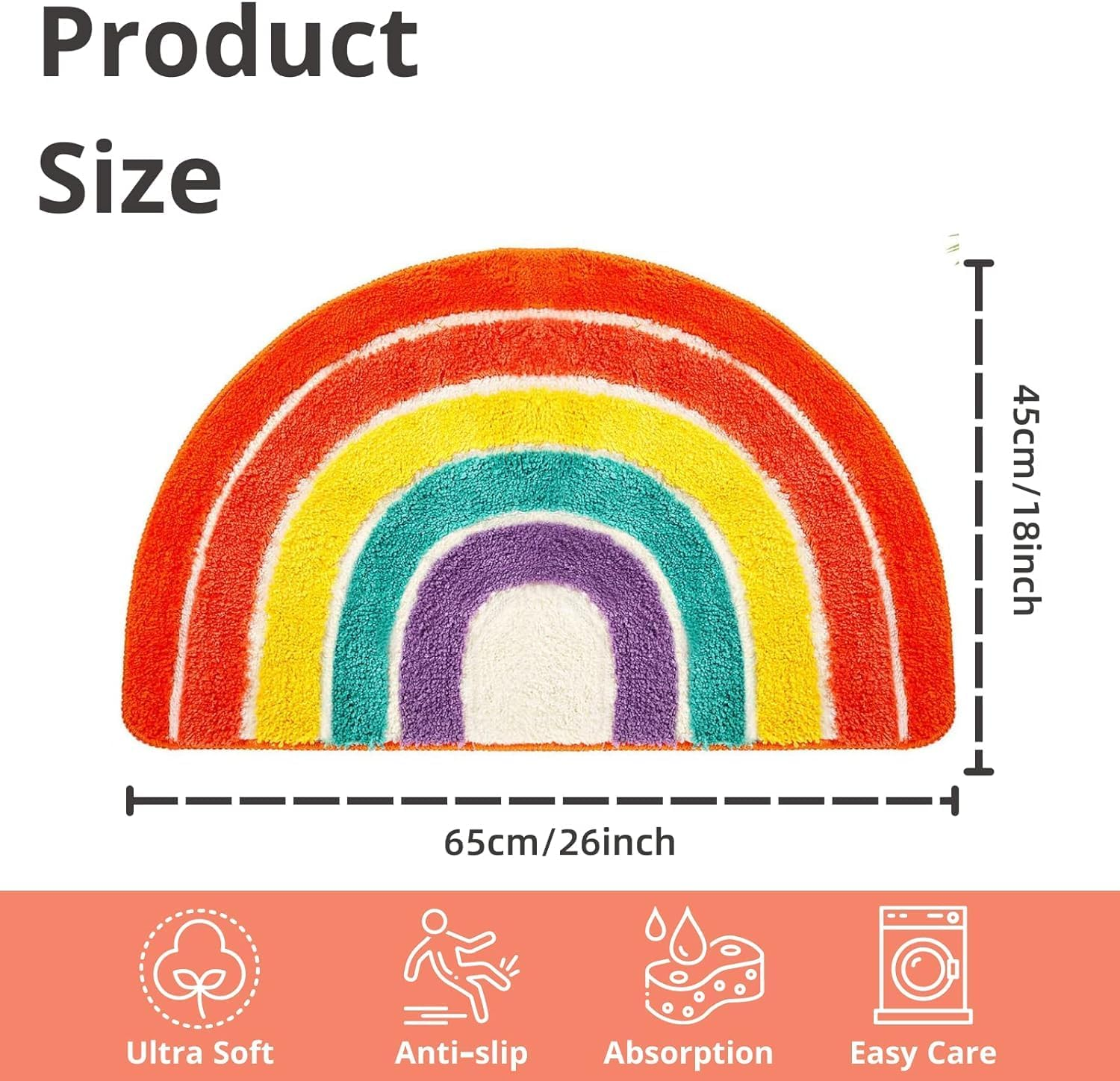 Multicolour Half round Bathroom Mat Rainbow Microfiber Non-Slip Absorbent Bath Shower Rugs for Living Room Bedroom Kitchen Home Decor 45 X 65 Cm image number 2