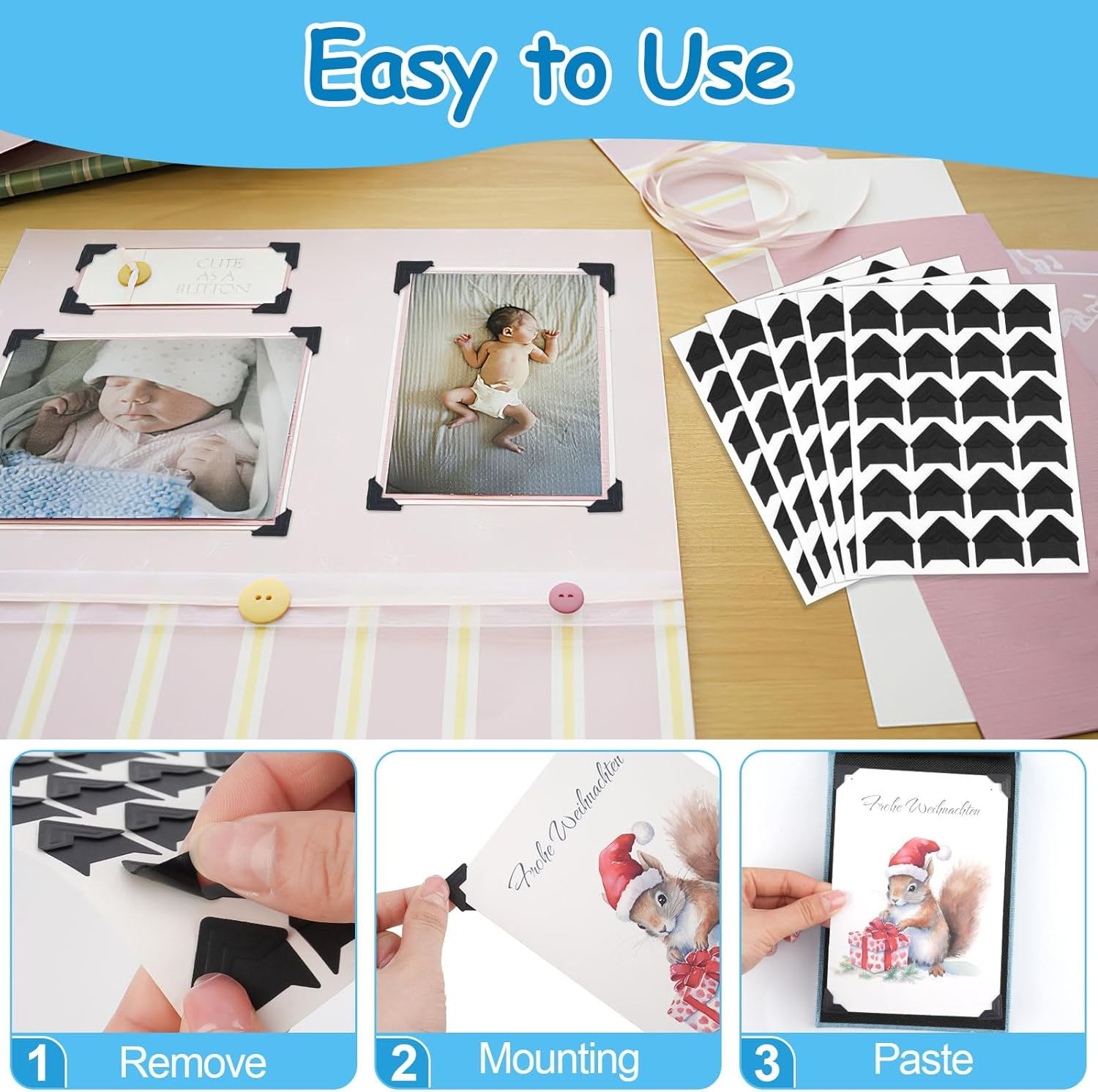 432 Pcs Photo Corners, Self Adhesive Picture Corners, Acid Free Corner Stickers for Scrapbooking, Photo Mounting Corners for DIY Scrapbook, Photo Album, Memory Books(Black) - Gold image number 4