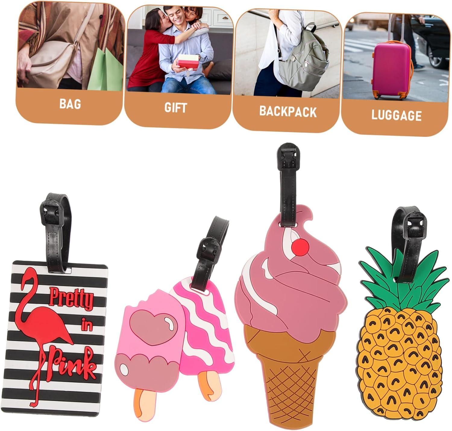 CONGARTENO 10Pcs Cartoon Soft PVC Luggage Tags Set Flamingo Donut Ice Cream Travel Bag Identify Tags for Suitcases Women Travel Suitcase Identification image number 3