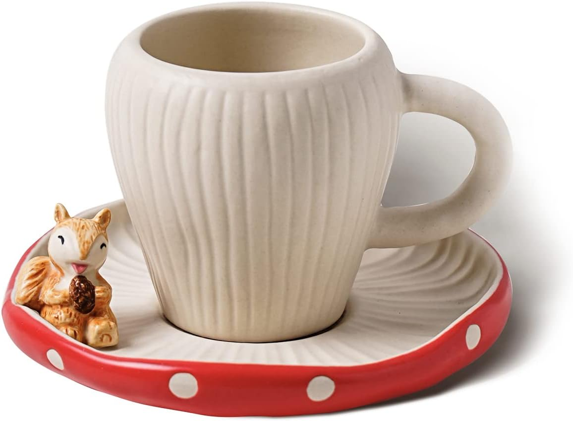 RESVUGA Cute Mushroom Mug with Saucer, Handmade Glaze Polka Dot, with Squirrel Decoration on the Plate. Safety Matt Ceramic Coffee Cups, 11 Oz Cartoon Tea Cup. Best Gifts for Women & Girls. image number 3
