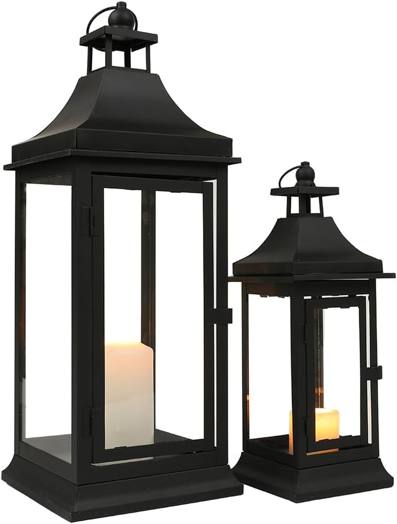 JHY DESIGN Set of 2 33&50Cm Tall Outdoor Candle Lanterns Vintage Hanging Tower Lantern Metal Candle Holder for Garden Living Room Indoor Outdoor Parties Weddings Balcony(Black)