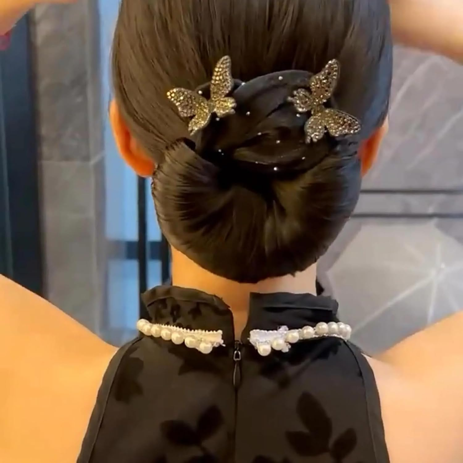 Hand Embroidered Flowers Hair Accessory Set 2Pcs Ball Hair Clip Flower Hair Bun Roller,Flower Butterfly Hair Bun Makers, Ball Hair Clip Bun Roller Flexible Bun Hair Maker image number 2